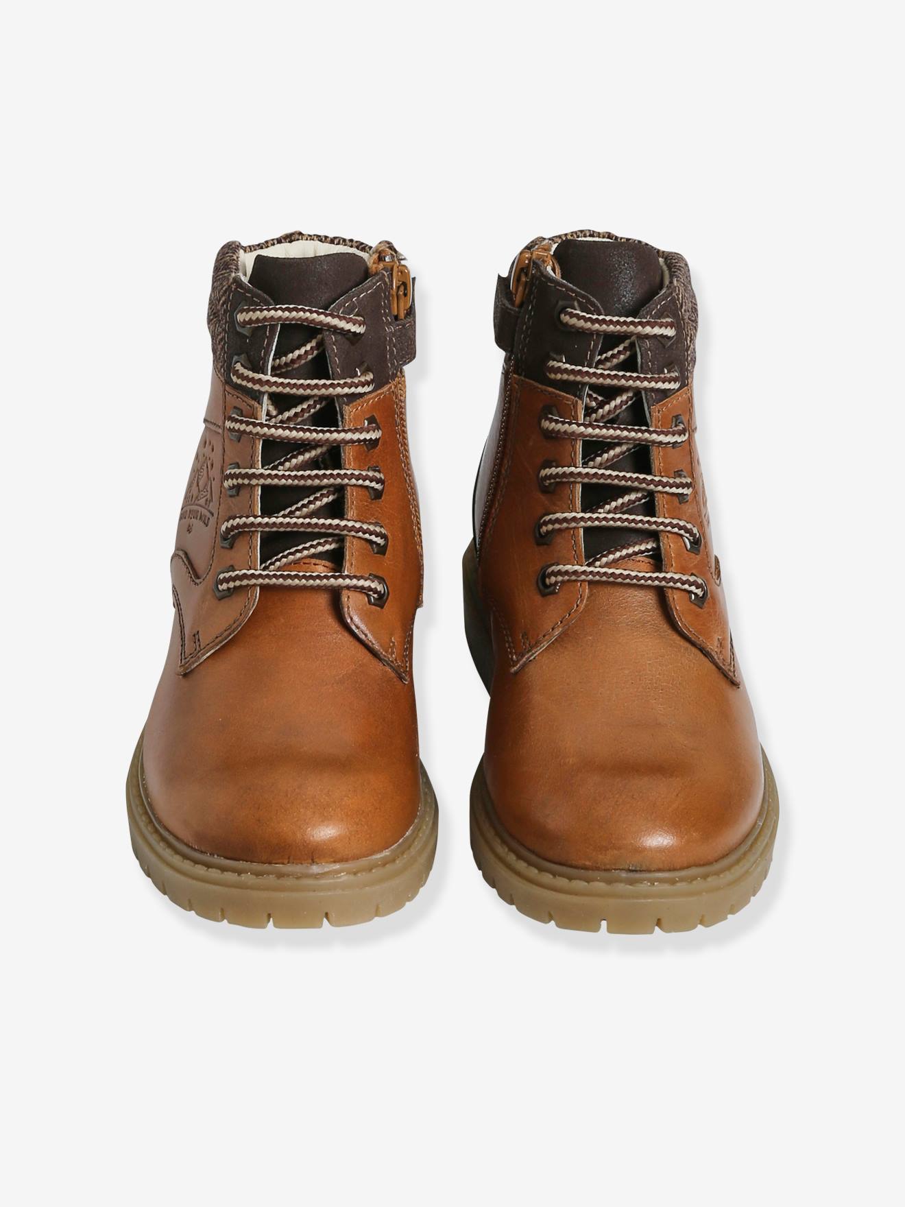 Bottines crantées lacées et zippées cuir garçon marron
