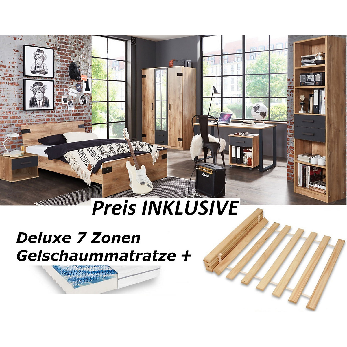 Jugendzimmer Set Liverpool mit Drehtürenschrank inklusive Matratze und Lattenrost