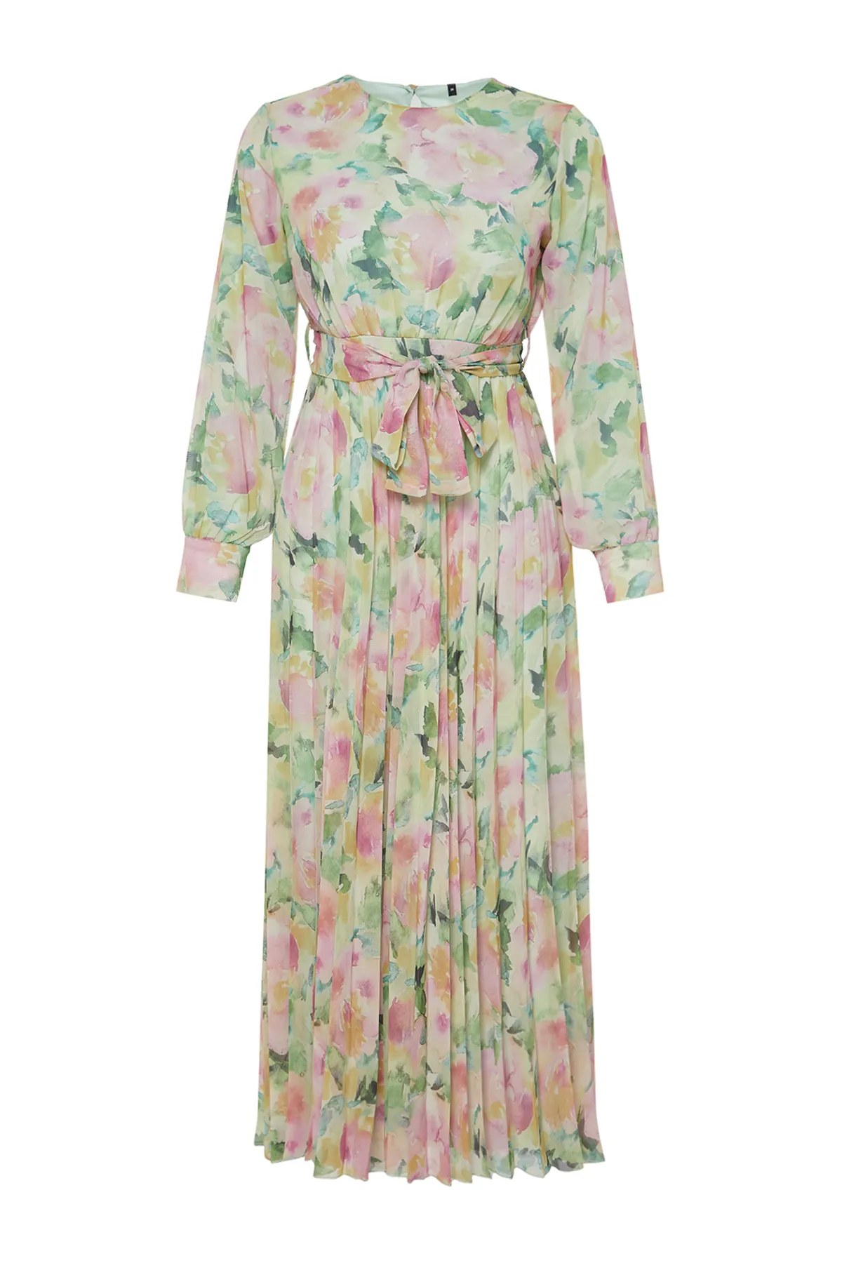 Trendyol Modest  Hellgrünes Kleid aus gewebtem Chiffon mit Blumenmuster und gefüttertem, plissiertem Saum TCTSS24EB00151