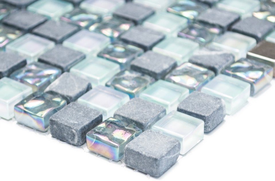 Mosani Mosaikfliesen Glasmosaik Naturstein Mosaik grau glänzend / 10 Matten