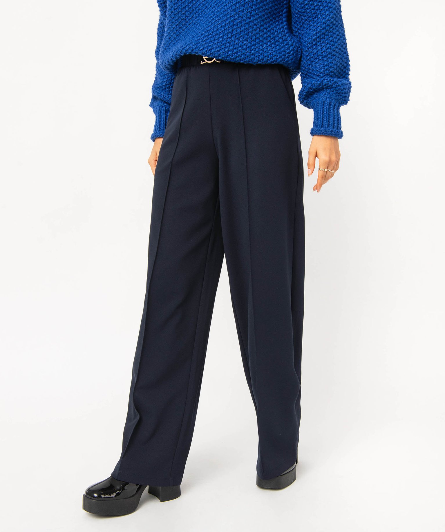 Pantalon en maille extensible avec bijou à la ceinture femme bleu fonce | GEMO