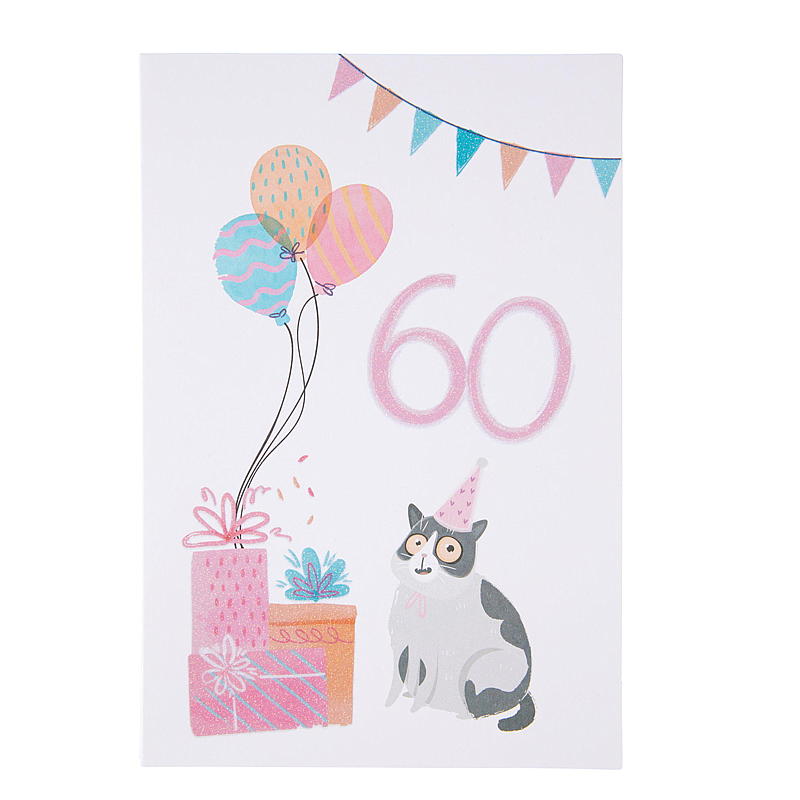 Kort 60 år, katt m/ballonger
