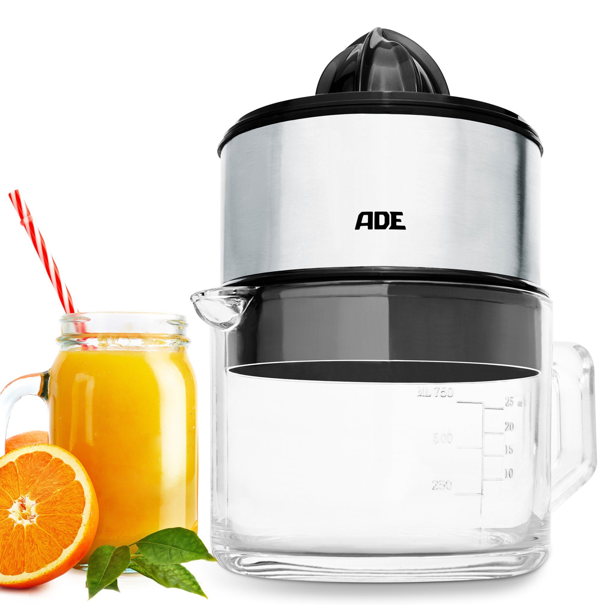 ADE Zitruspresse Entsafter Zitronenpresse Orangenpresse Saftpresse mit 1 l Glaskaraffe, 60 W, 2 Laufrichtungen, Tropf-Stop, 2 Presskegel (groß und klein)