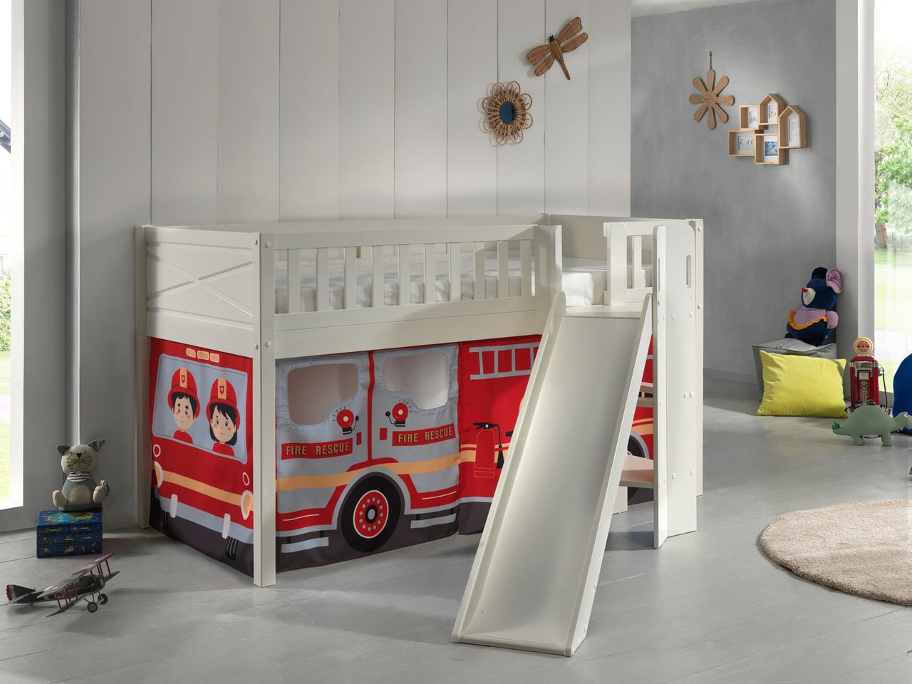 VIPACK Spielbett SCOTT, LF 90 x 200 cm, mit Rolllattenrost, Rutsche, Leiter und Textilset 