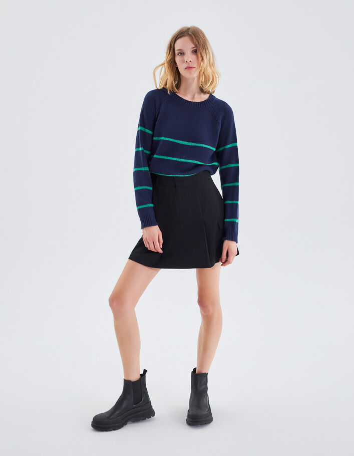 Pull marine tricot à rayures vertes Femme