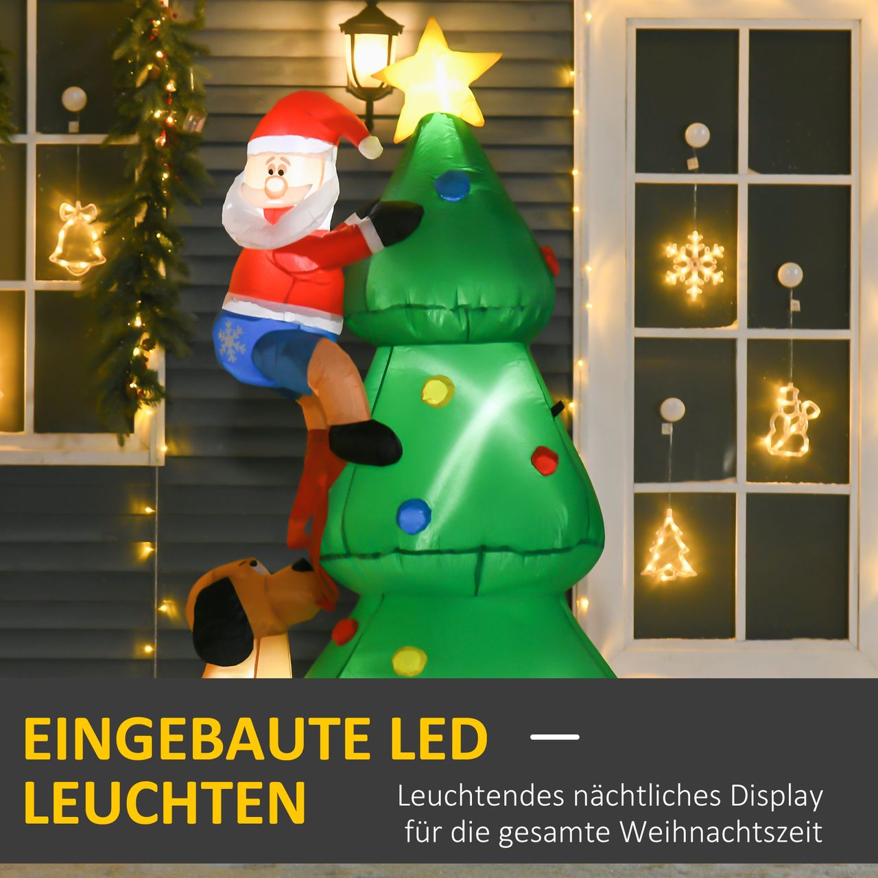 HOMCOM Aufblasbarer Weihnachtsbaum mit Weihnachtsmann und dem Hund 180 cm Weihnachtsdeko Weihnachtsbeleuchtung LED Selbstaufblasend Polyester Grün 123 x 85 x 180 cm