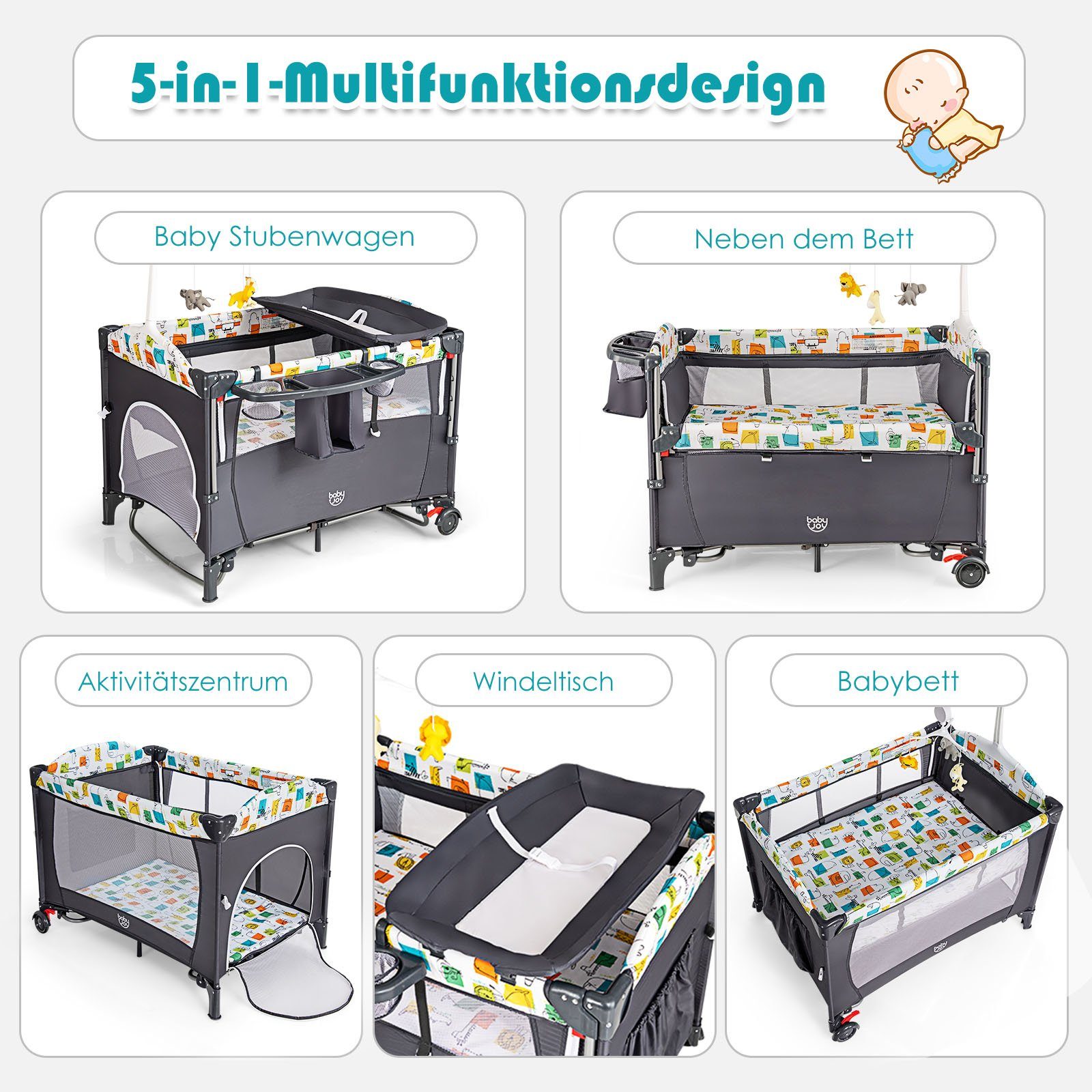 COSTWAY Baby-Reisebett 5 in1 Beistellbett, mit Matratze, höhenverstellbar