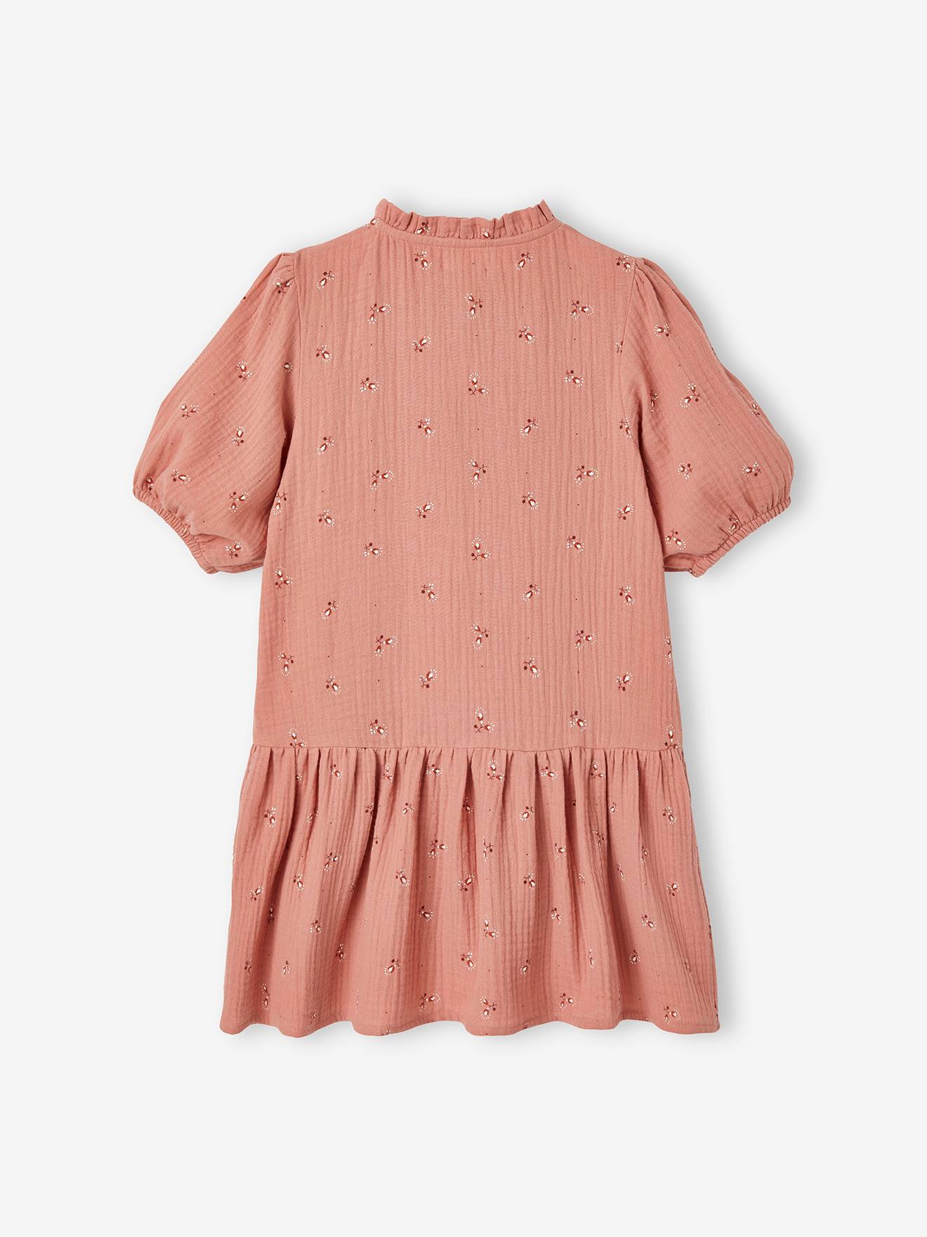 Robe boutonnée en gaze de coton fille manches 3/4 blush