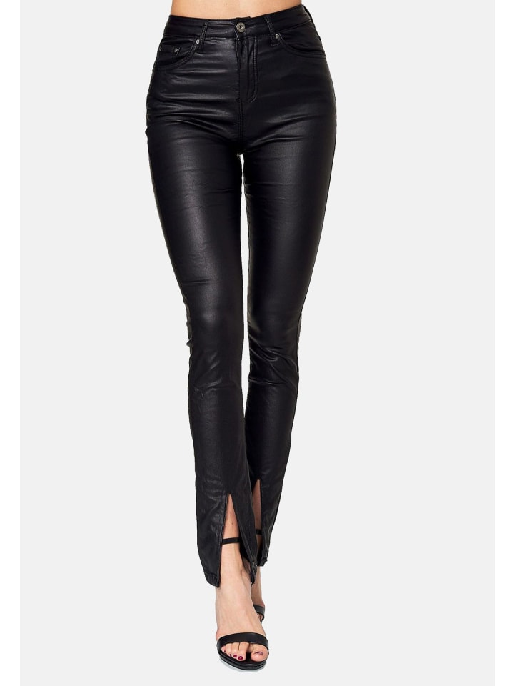 Newplay Lederoptik Hose Skinny Stoffhose mit Schlitz Gefüttert in Schwarz günstig kaufen