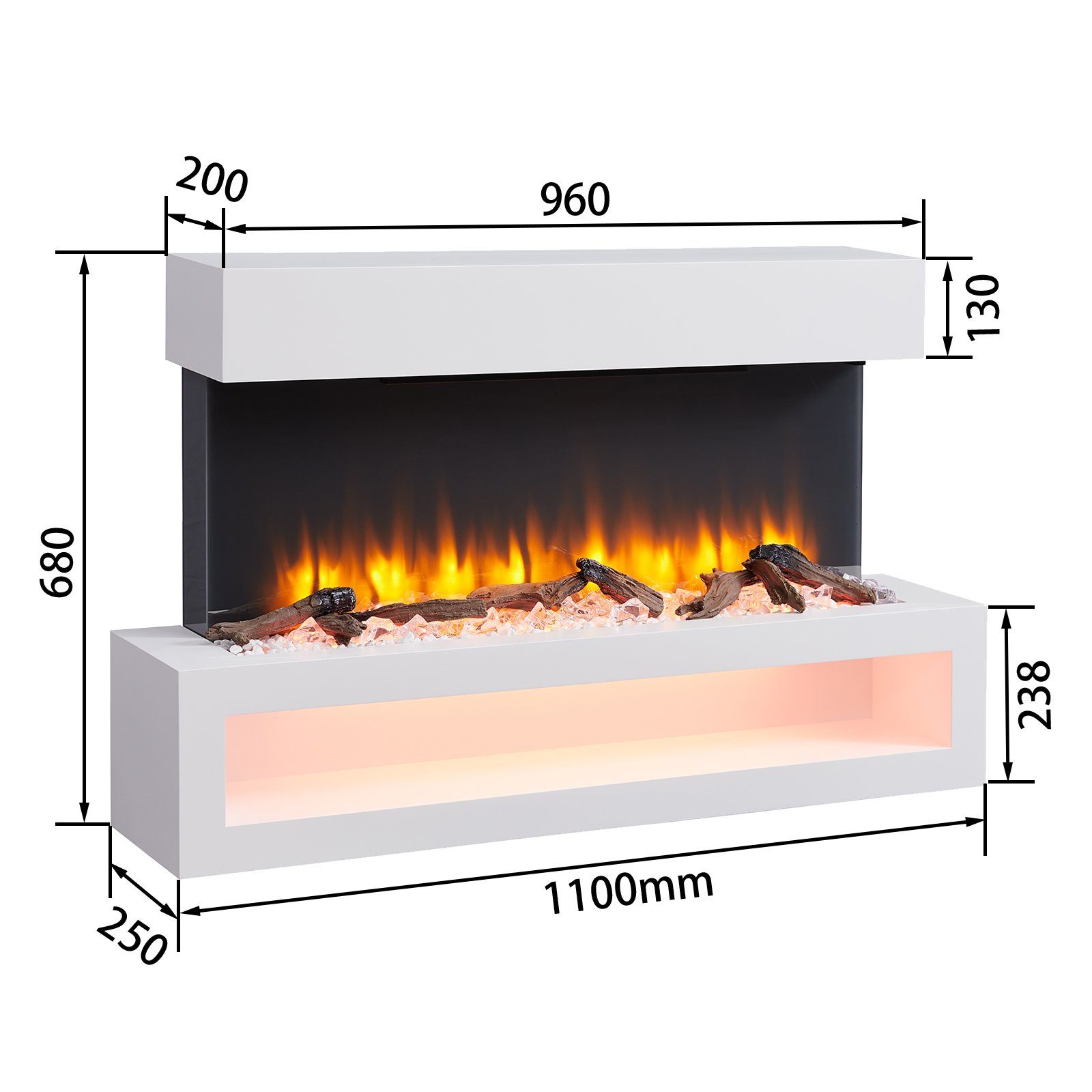 RICHEN Elektrokamin Nikos, Standkamin mit Heizung 2000W, 3D-Flammeneffekt, LED-Beleuchtung, Fernbedienung, Timer, Thermostat