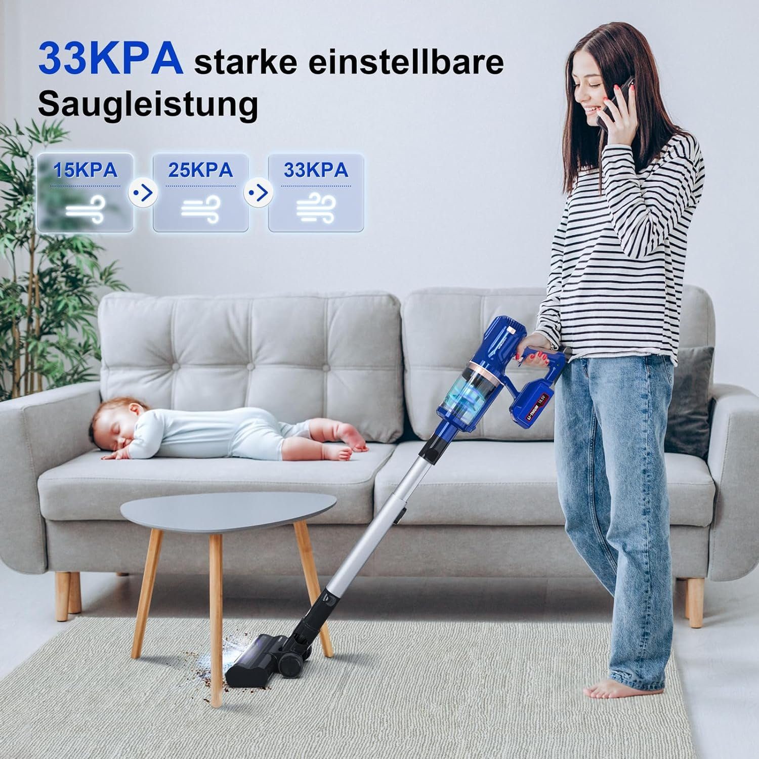 YISORA Akku-Hand-und Stielstaubsauger 33KPa mit Touchscreen, Staubsauger mit Milbenstaubsauger, Akku-Staubsauger, Lange Laufzeit von 55 Minuten und austauschbarer Akku