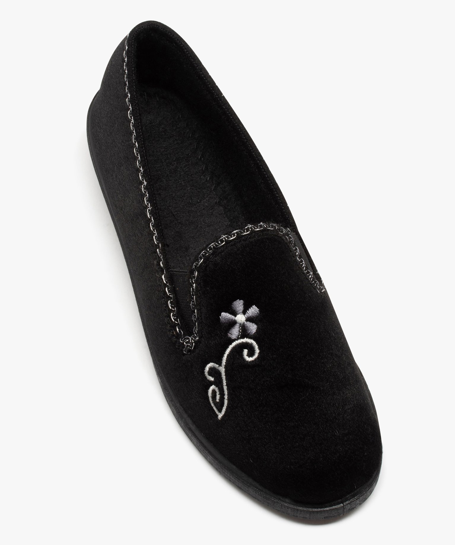 Chaussons femme pantoufles compensées en velours brodé noir | GEMO