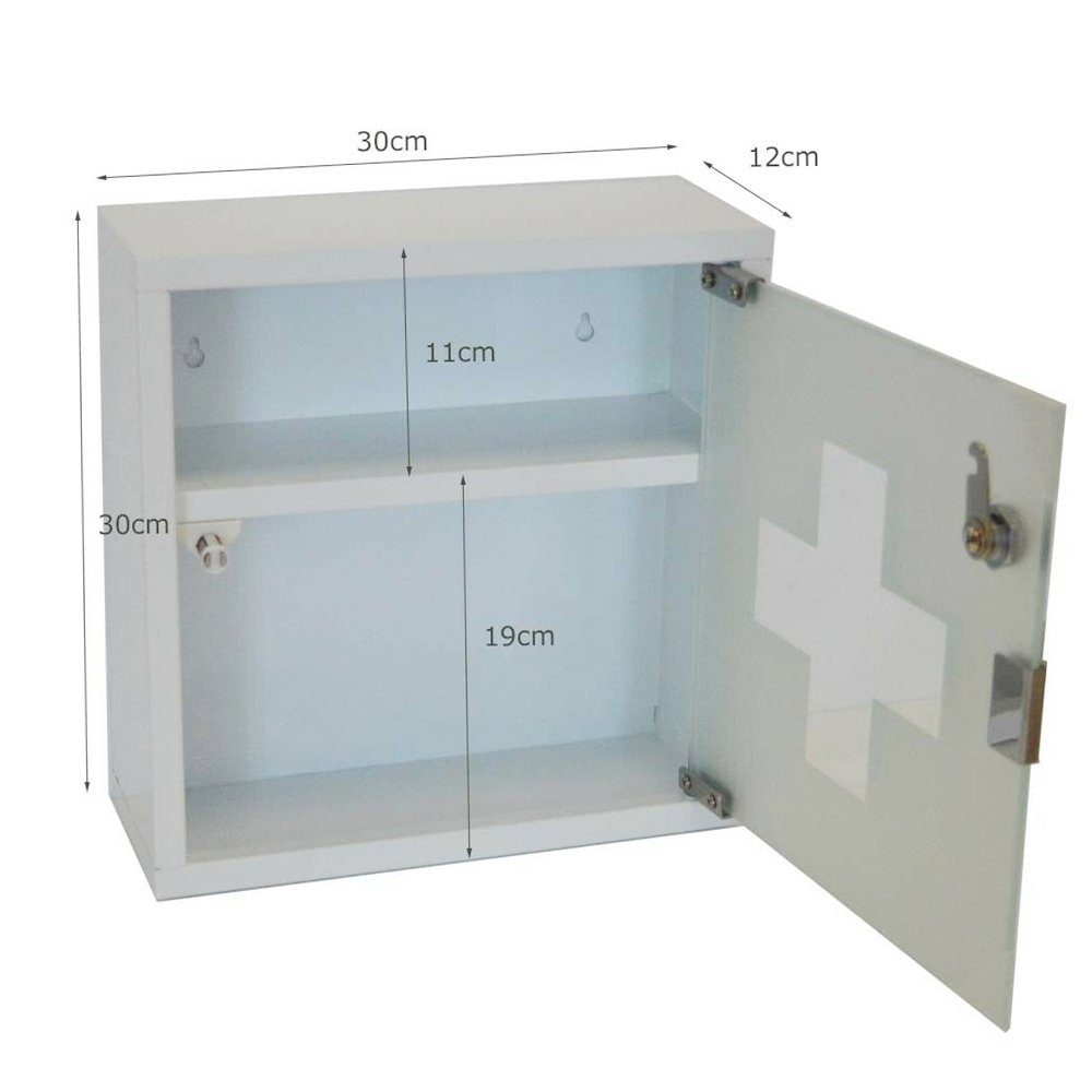 style home Medizinschrank Medikamentenschrank abschließbare Arzneischrank (Tip-on'' Glastür, inkl. 2 Schlüsseln) Erste Hilfe Schrank aus Metall,30ⅹ30ⅹ12cm Weiß- 2 Fächer