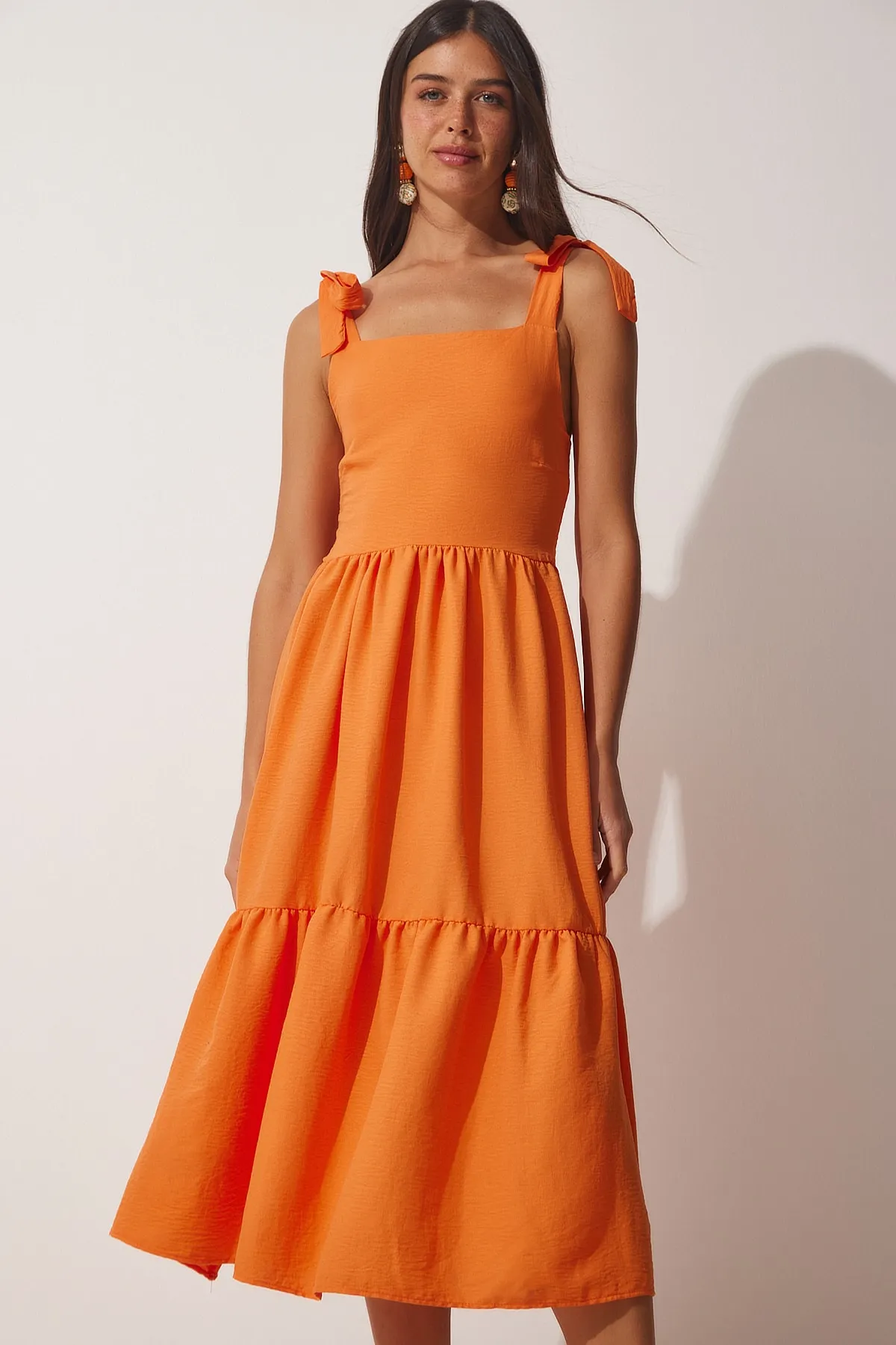 Happiness İstanbul  Orangefarbenes Sommer-Popeline-Trägerkleid für Damen ZH00030