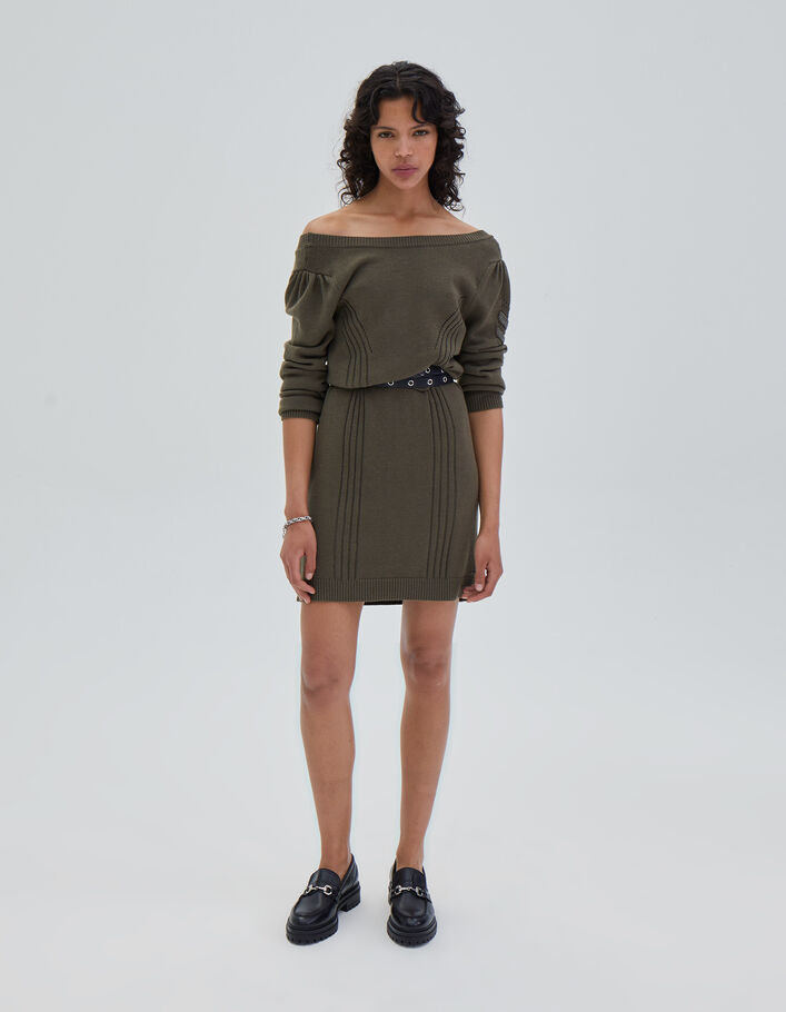 Robe courte kaki en maille jeux de points chevrons femme