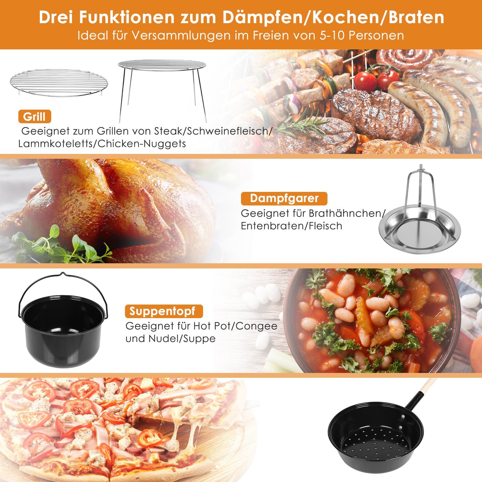 Femor Holzkohlegrill, 21L Ungarischer gulaschkessel mit deckel, Kugelgril