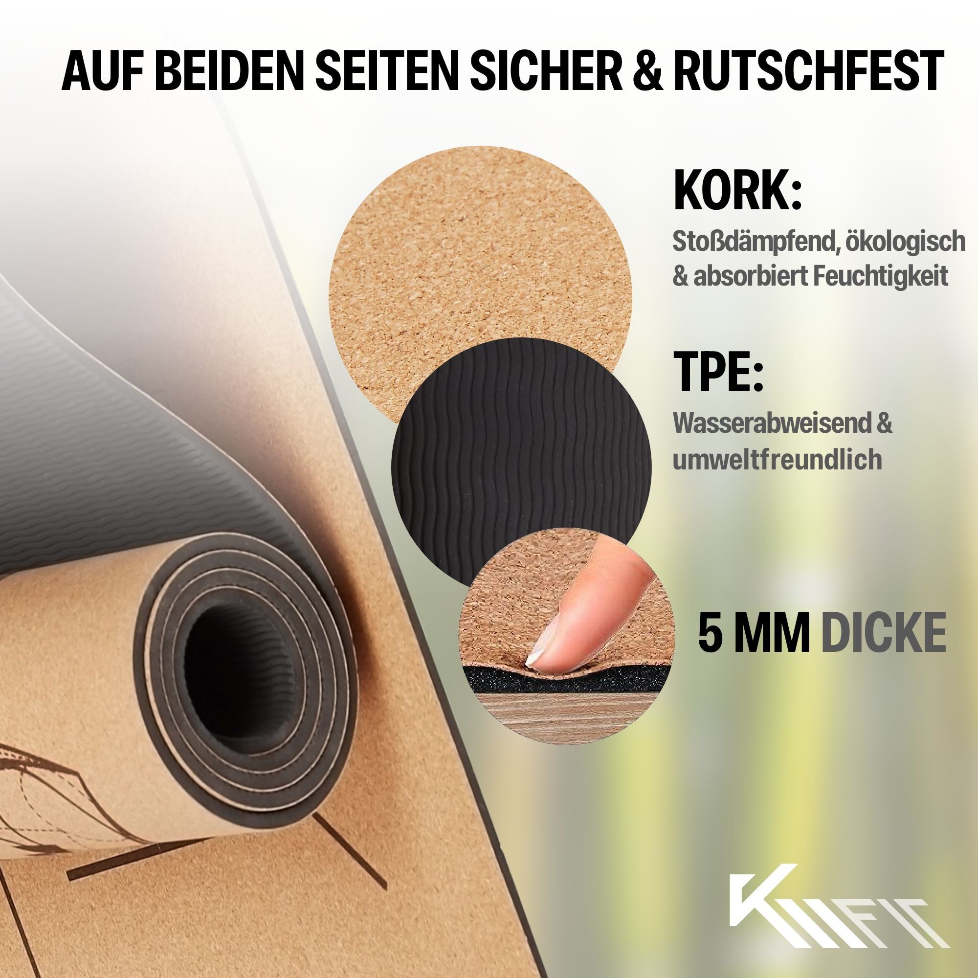KM - Fit Yogamatte Gymnastikmatte Fitnessmatte Pilates Sportmatte Bodenmatte mit Tasche (Set), extra dick, rutschfest, nachhaltig