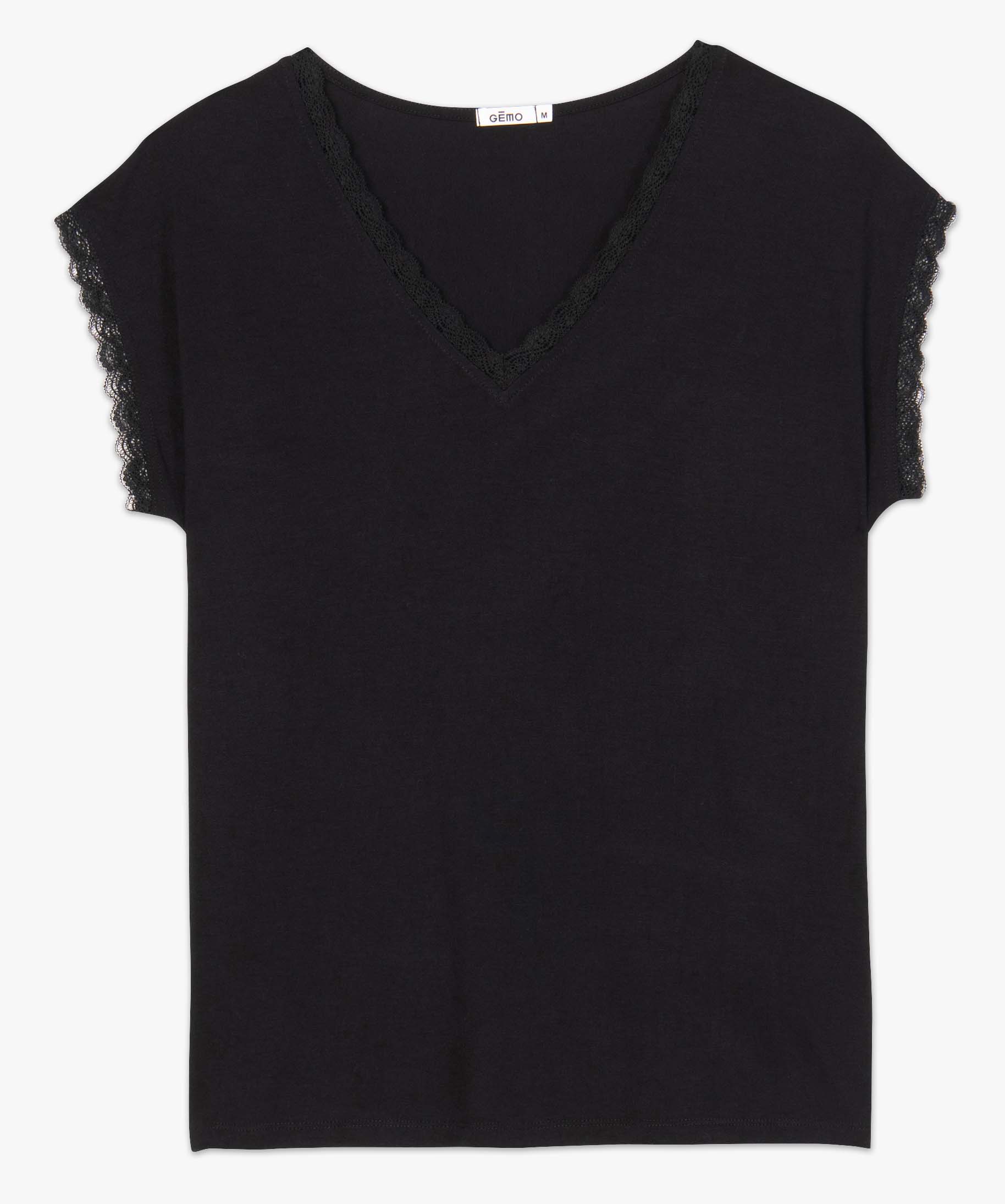 Tee-shirt femme à manches courtes avec col V en dentelle noir | GEMO