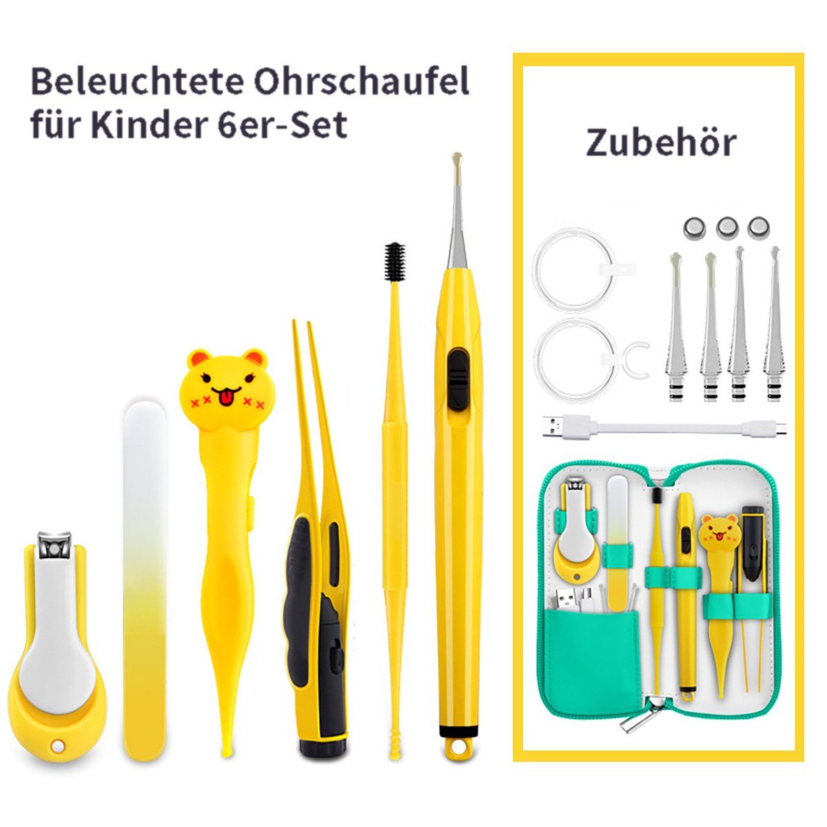 yozhiqu Ohrenreiniger 6-teiliges Set mit leuchtenden, sichtbaren Ohrstöpseln für Kinder, 6-tlg., Ohrstöpsel, Ohrenschmalzpinzette, Nasenclip mit Licht, Nagelknipser
