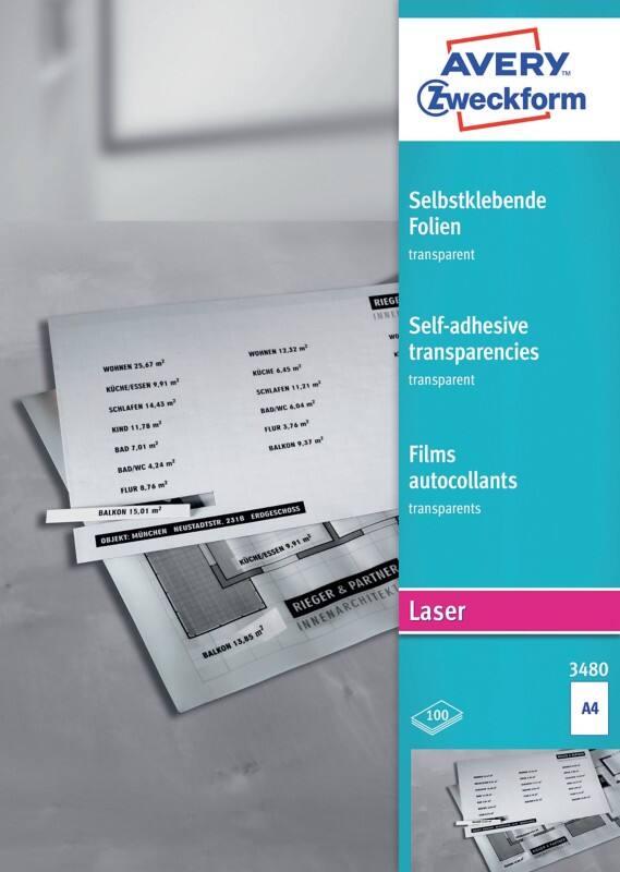 AVERY Zweckform 3480 Selbstklebefolie DIN A4 Transparent 210 x 297 mm 100 Blatt