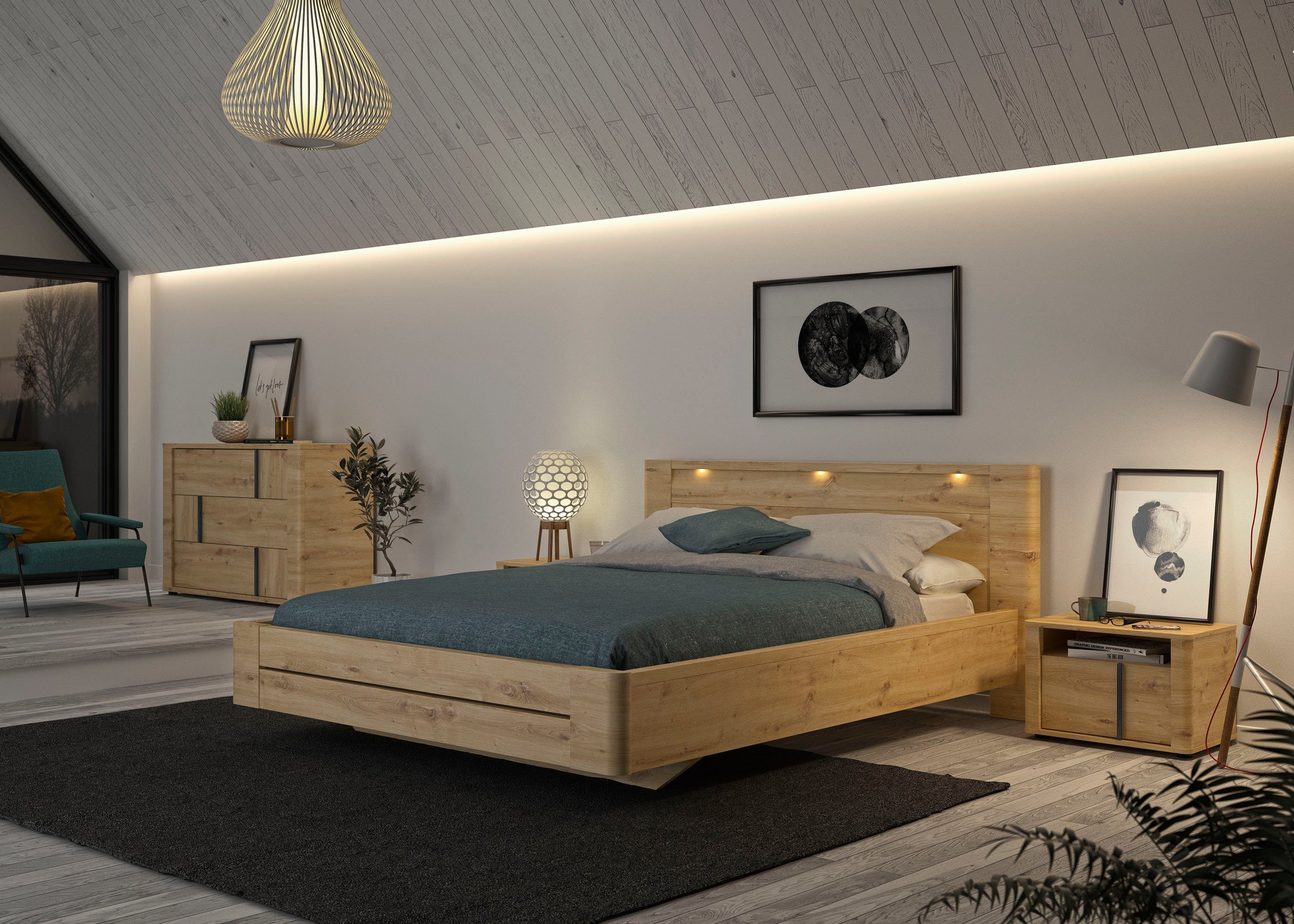 Gami Schlafzimmer-Set Confidence, (4-St., Bett, 2x Nachttisch und Kommode), aus Kiefernholz, mit Bett, 2x Nachttisch und Kommode