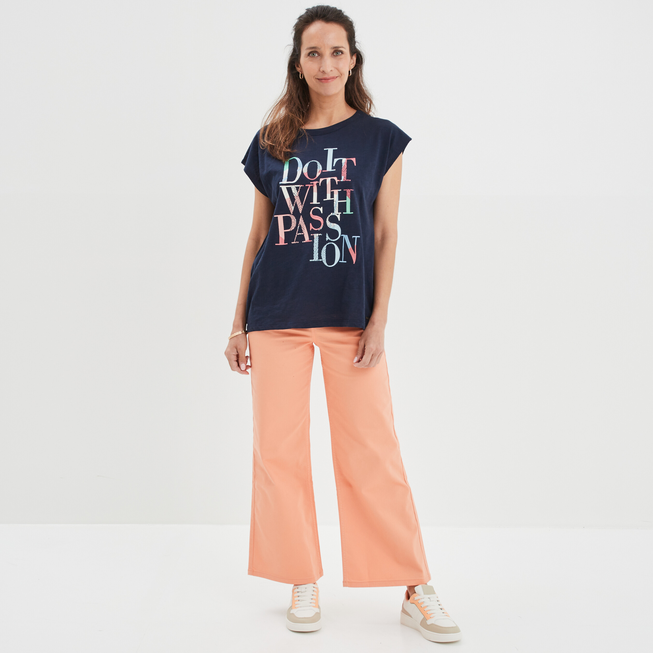 Pantalon wide leg crop taille haute orange clair femme | La Halle