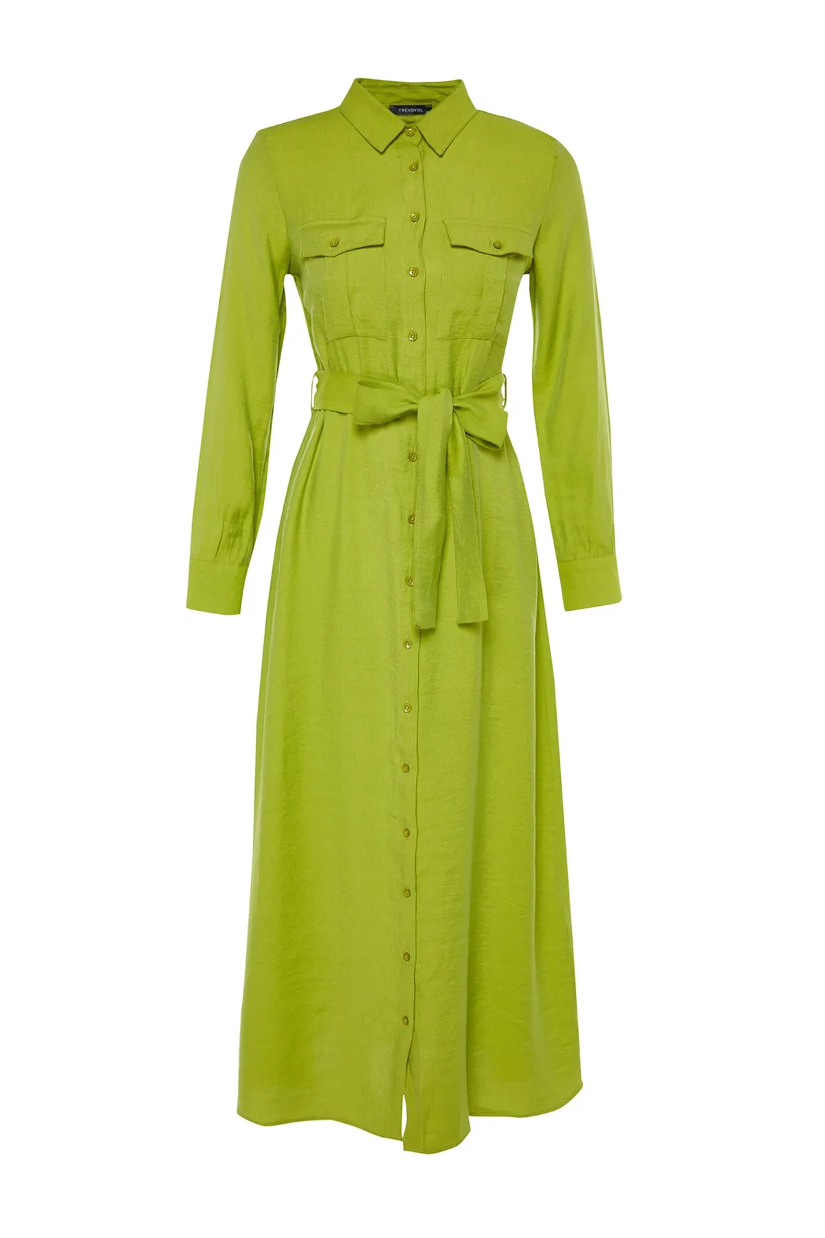 Trendyol Modest  Ölgrünes gewebtes Hemdblusenkleid mit Gürtel und Taschendetail TCTSS23EB00059