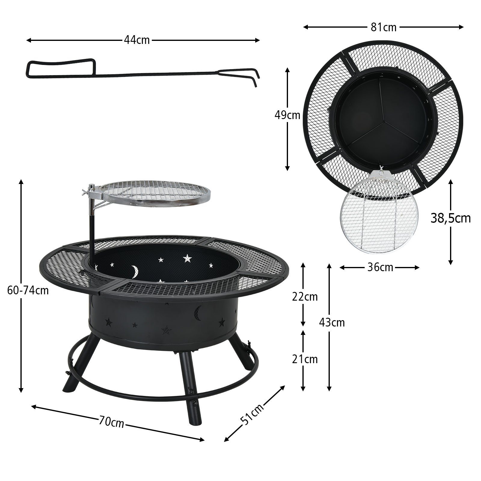 COSTWAY Feuerschale, Ø49cm, mit 360°Grillrost, höheverstellbar, mit Schürhaken