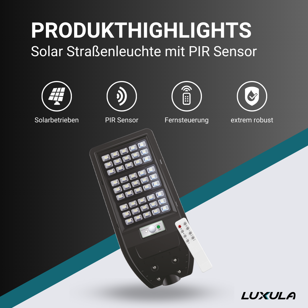 LUXULA Solar Straßenleuchte mit PIR Sensor, Parkplatzleuchte, 5W PV