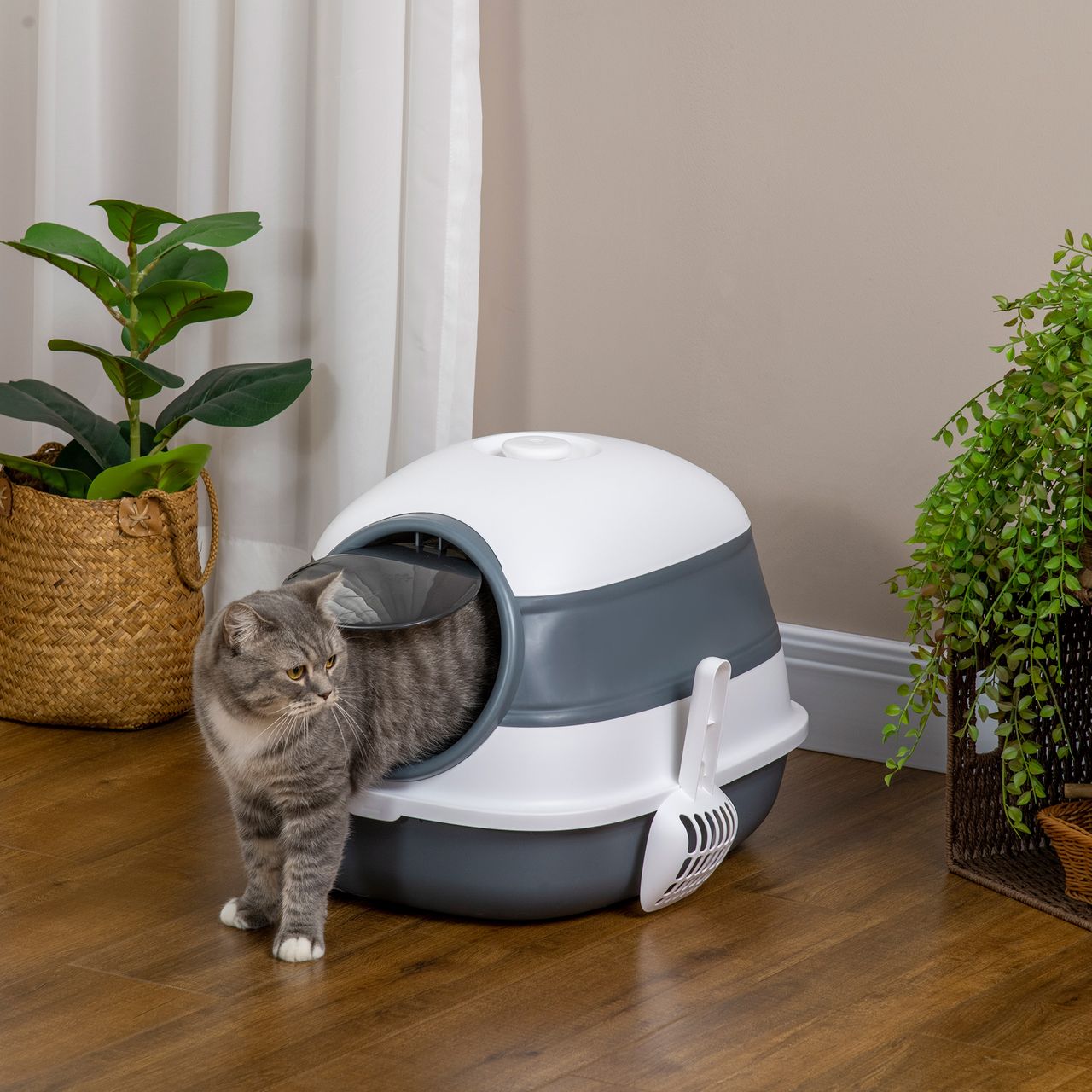 PawHut Katzentoilette mit Deckel, Katzenklo inkl. Sandauslaufpedal, Bodengitter