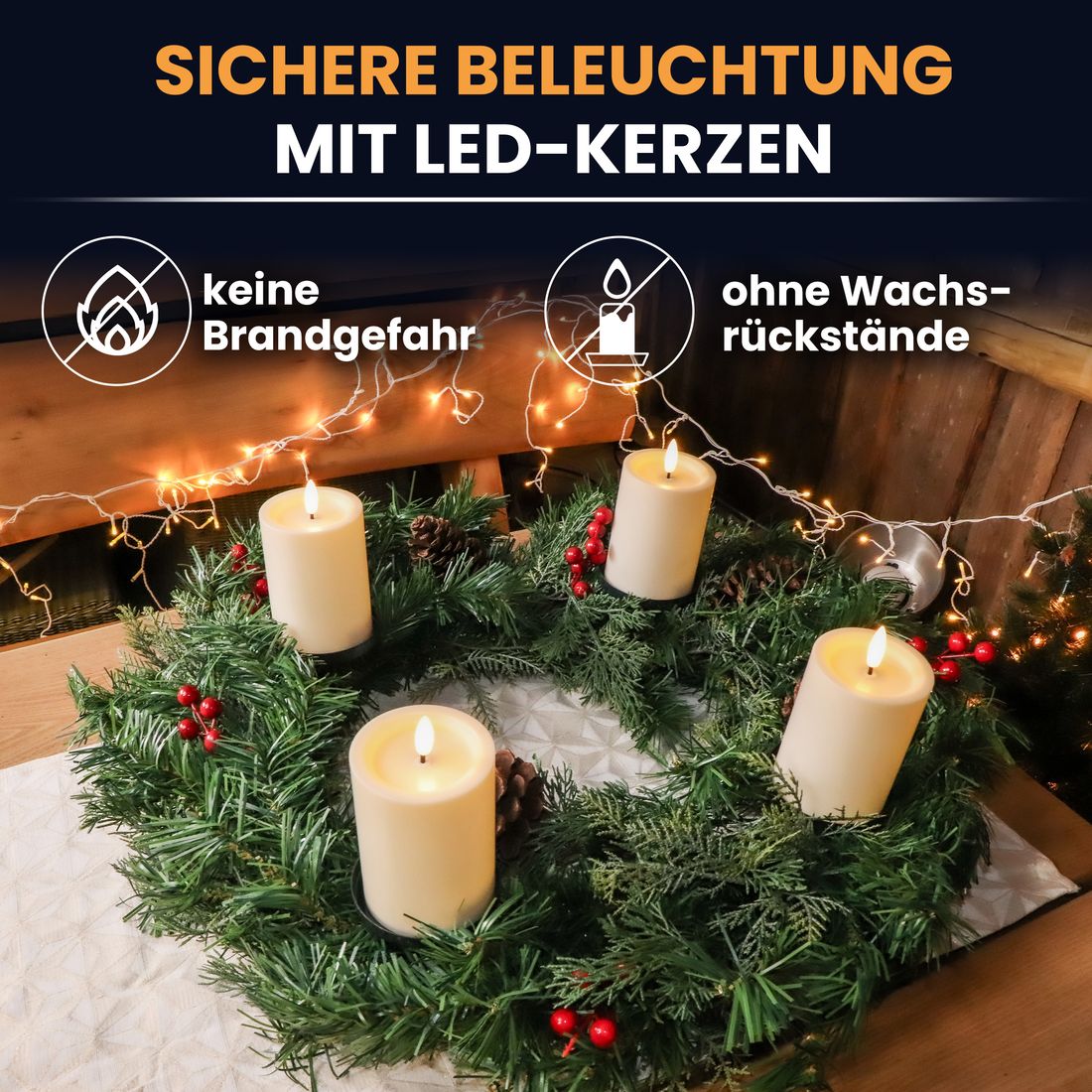 Gartenpirat Gartenpirat Künstlicher Adventskranz Ø 60 cm mit 4 LED-Kerzen Flacker-Effekt