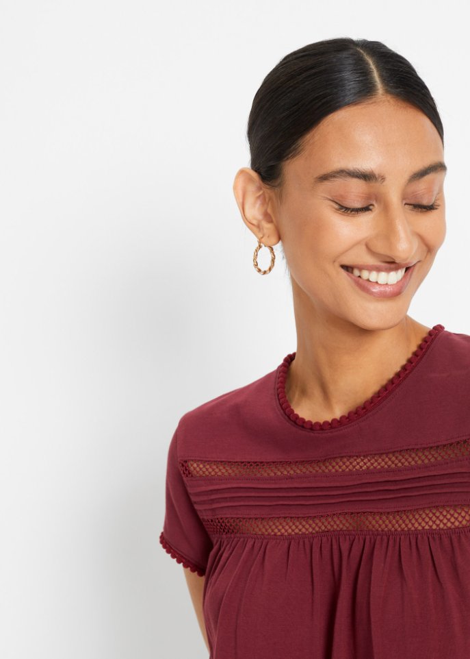 Baumwoll-Shirt mit Spitze in A-Line, kurzarm