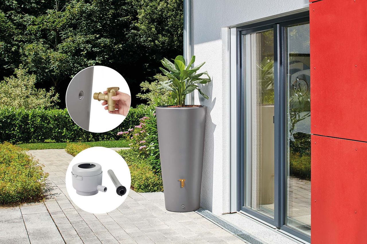 4rain VASO 2in1 Regenspeicher 220 L zinkgrau inkl. Anschlussset und Auslaufhahn