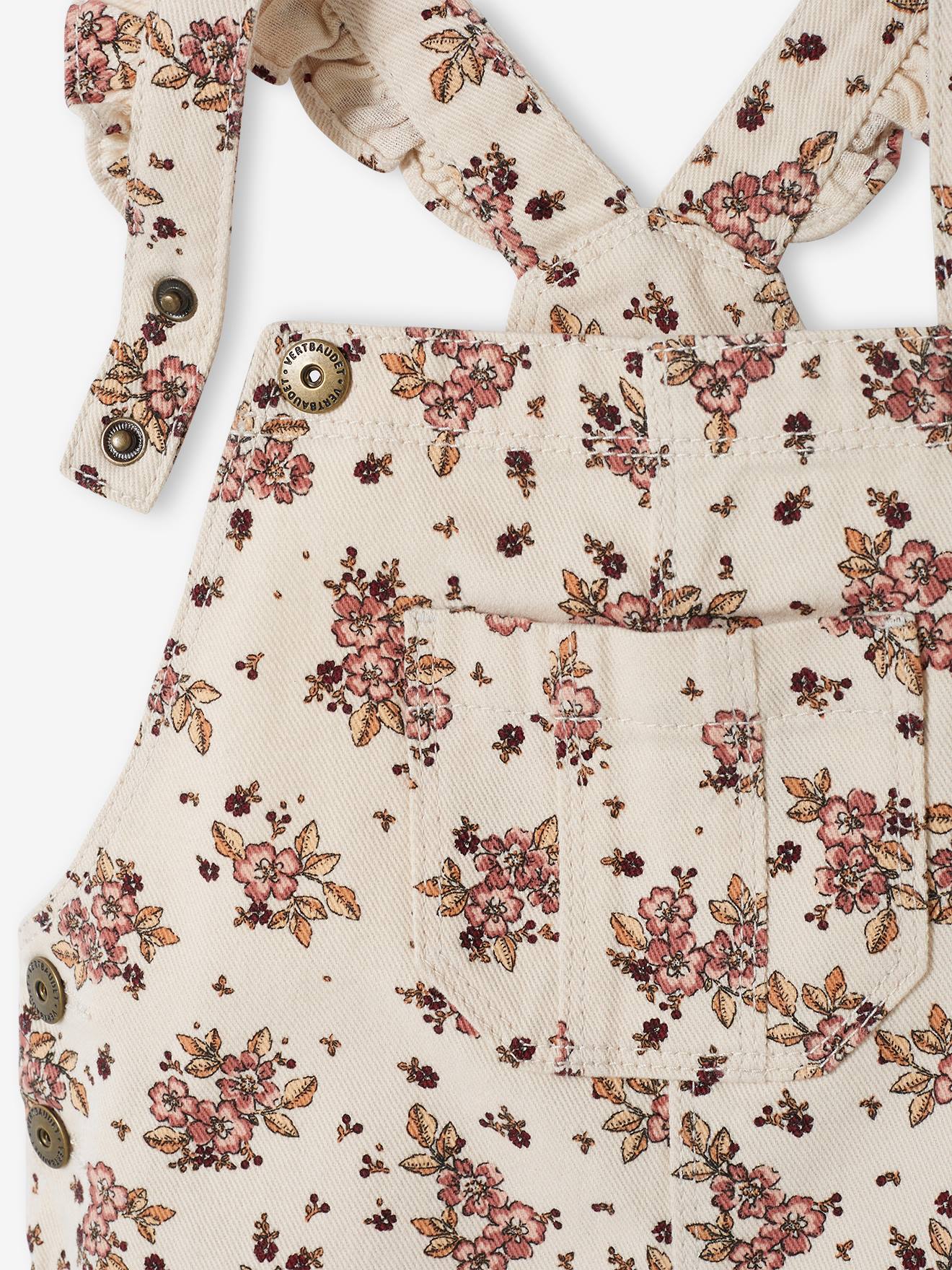 Robe-salopette à fleurs bretelles à volants beige rosé imprimé