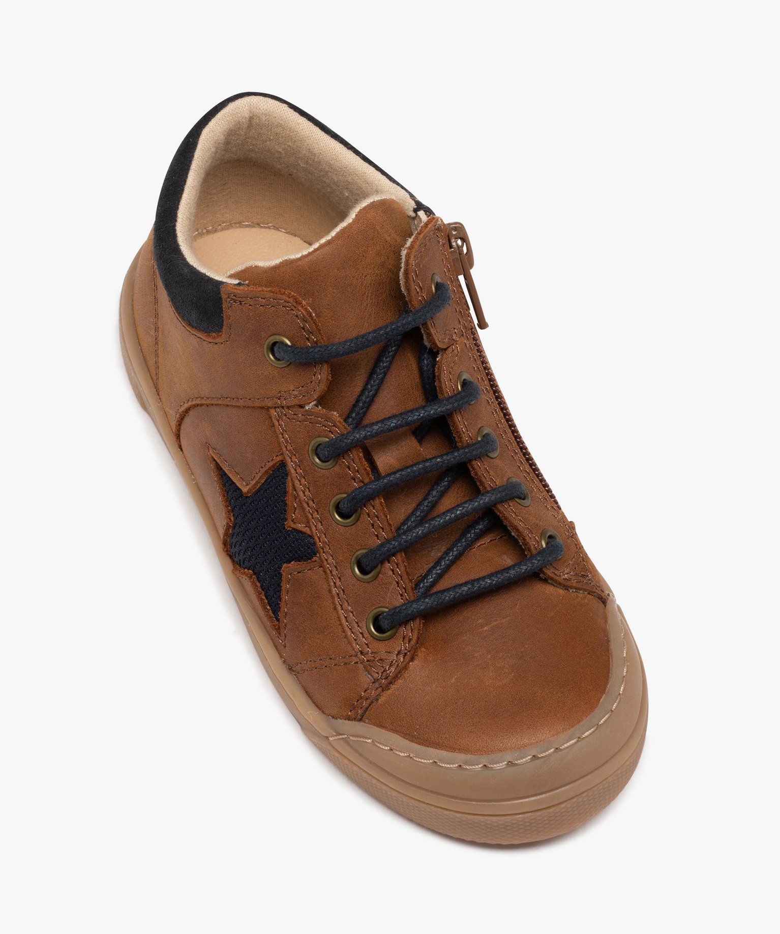 Boots Garçon bicolores dessus en cuir à lacets et à zip camel | GEMO