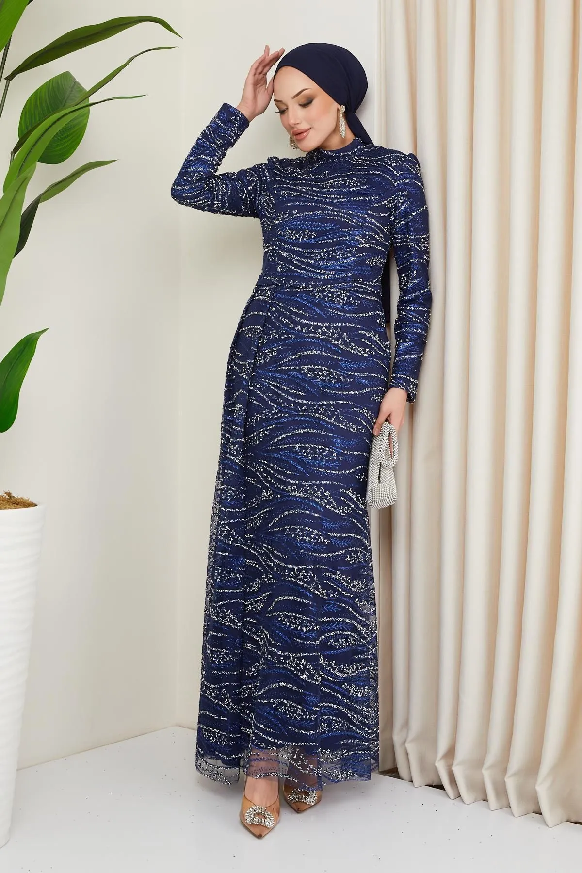 Olcay  Hijab-Abendkleid aus Tüll mit Stein- und Pailletten-Erbsenmuster, DUNKELBLAU 1209