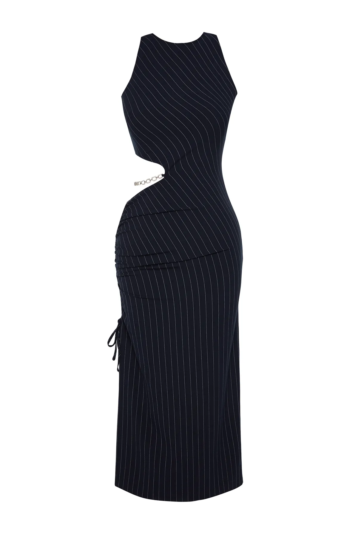 Trendyol Collection  X SAGAZA Studio Marineblaues Polyvicone-Kleid mit Fenster/Ausschnitt und detailliertem Accessoire TCLAW24EL00002
