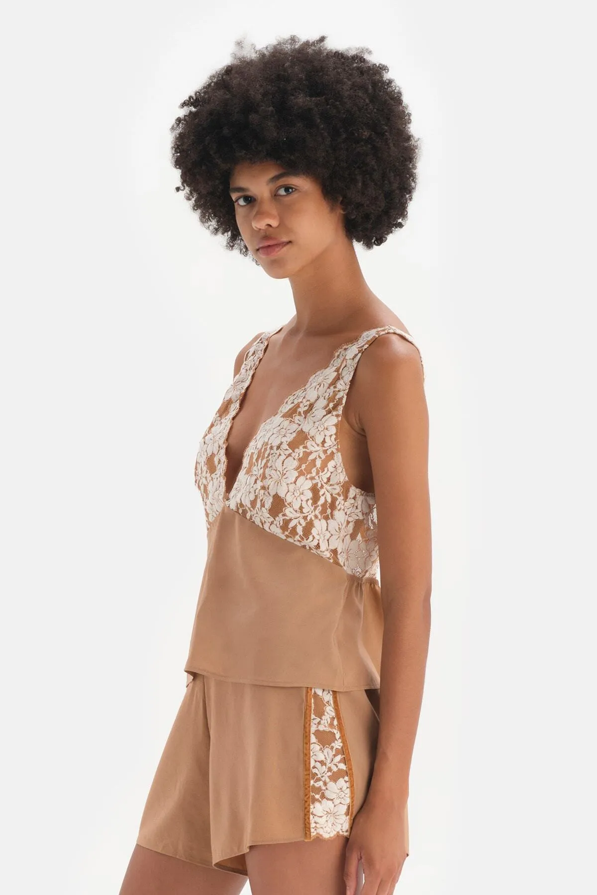 Dagi  Braunes, gerüschtes, gewebtes Camisole mit Samtstreifen und detaillierten Details