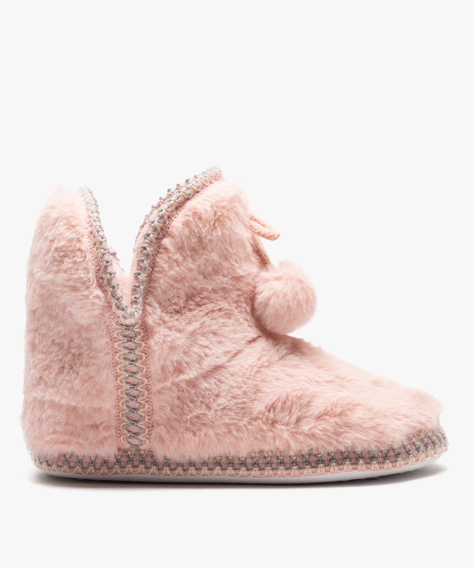 Chaussons femme boots en fourrure imitation et passementerie rose | GEMO