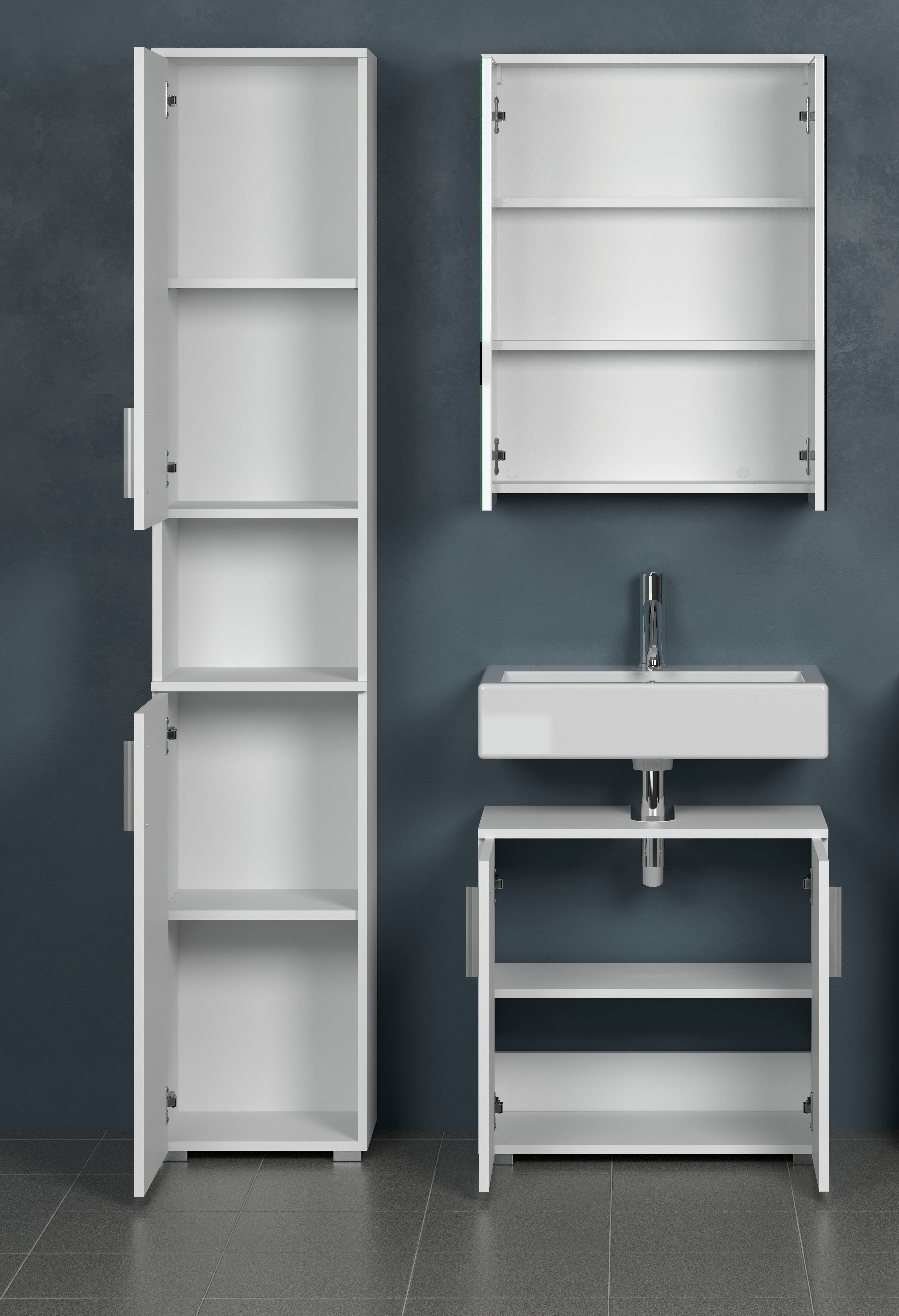 welltime Badezimmer-Set Prag, (Set, 3-St), Hochschrank, Waschbeckenunterschrank & Spiegelschrank