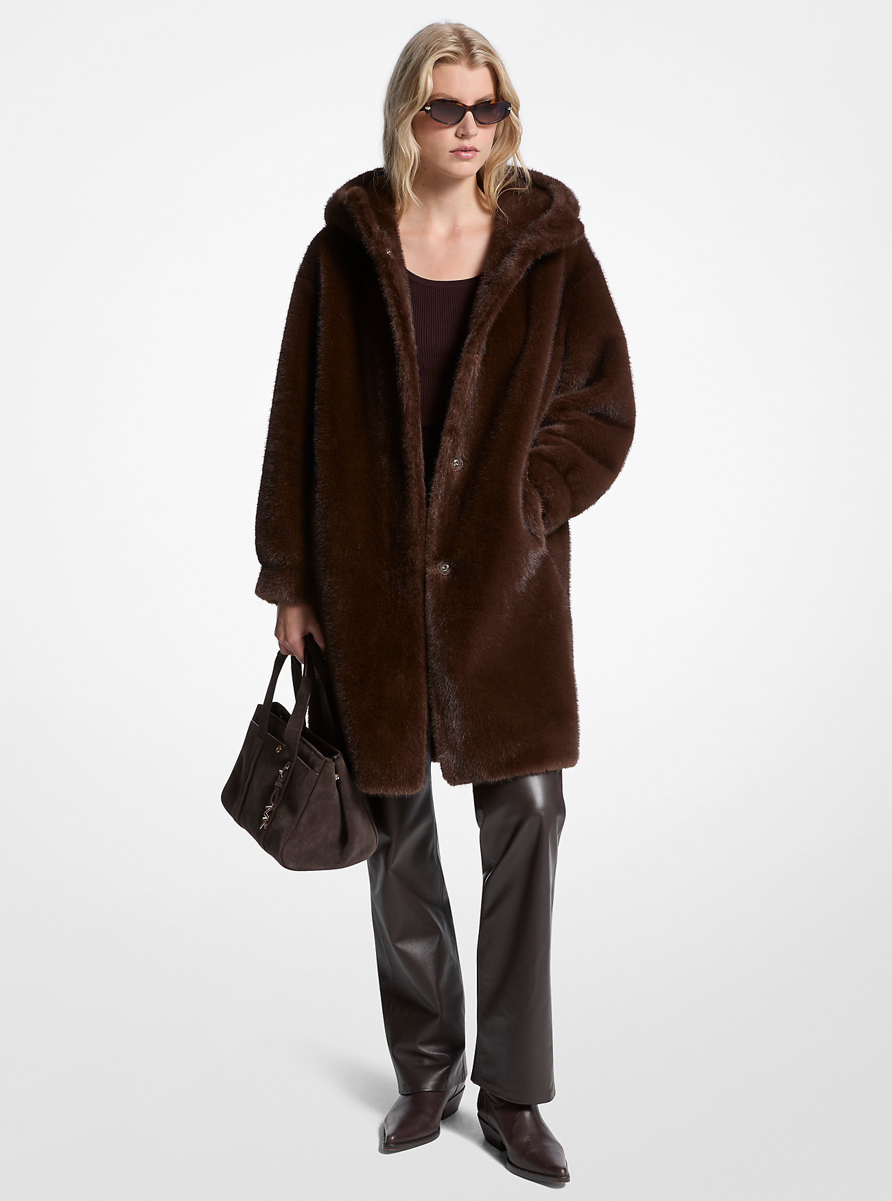 Faux Fur Hooded Coat - CHOCOLATE