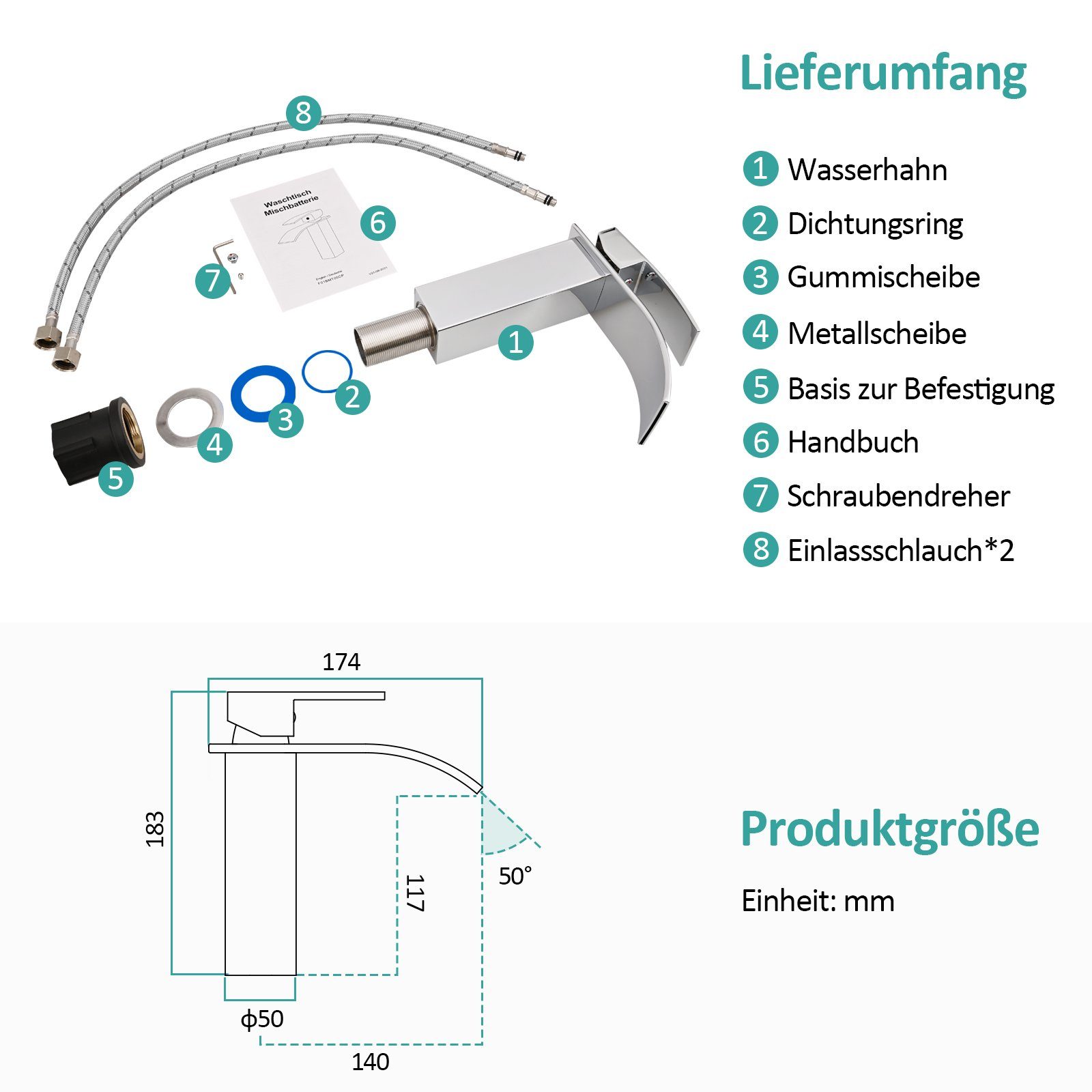EMKE Waschtischarmatur Waschtischarmatur Wasserfall Badarmatur aus Edelstahl Einhebelmischer für Waschbecken mit Auslauf Höhe 117 mm