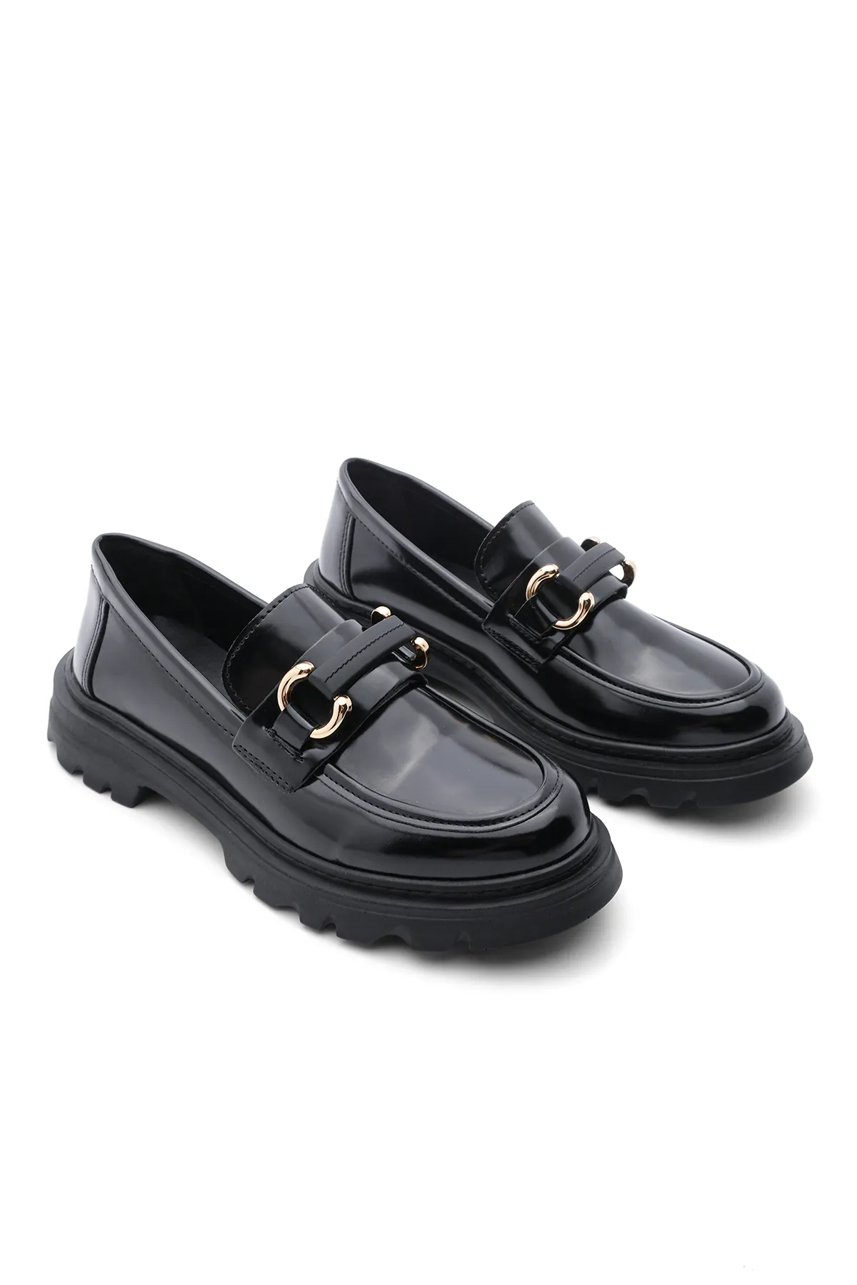 Marjin  Damen Loafer Hohe Sohle Schnalle Freizeitschuhe Kinles Schwarz