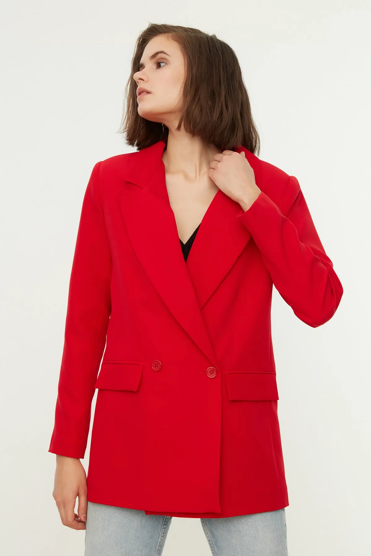 Trendyol Collection  Roter, normal gefütterter, zweireihiger, gewebter Blazer mit Verschluss TWOSS20CE0059