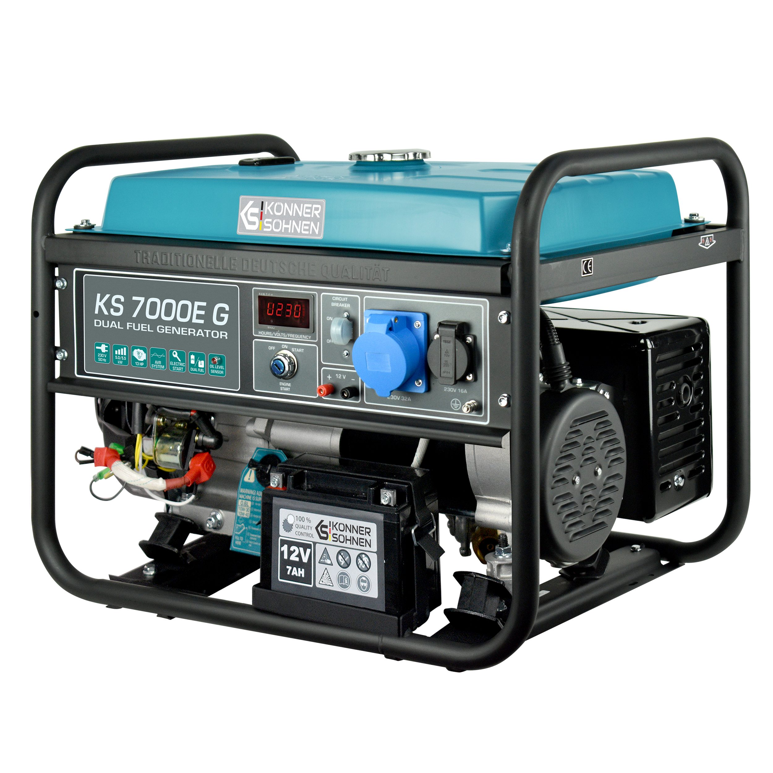 Könner & Söhnen Stromerzeuger KS 7000E G, 5,50 in kW, (4-Takt, Kupfer,Steckdosen 1x16A (230V),1x32A (230V), 1-tlg., E-Start, Automatischer Spannungsregler), Automatischer Spannungsregler, Anzeige (Volt, Hz)