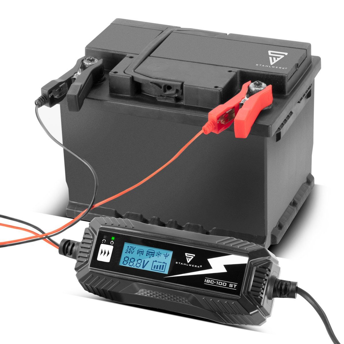 STAHLWERK Batterieladegerät IBC-100 ST mit Mikroprozessor Autobatterie-Ladegerät (Packung, 1-tlg., Das Batterieladegerät verfügt über einen Überladungs-, Polungs- und Kurzschlussschutz., und 10 Lademodi für 12V/24V AGM, VRLA, MF, SLA und GEL-Batterie