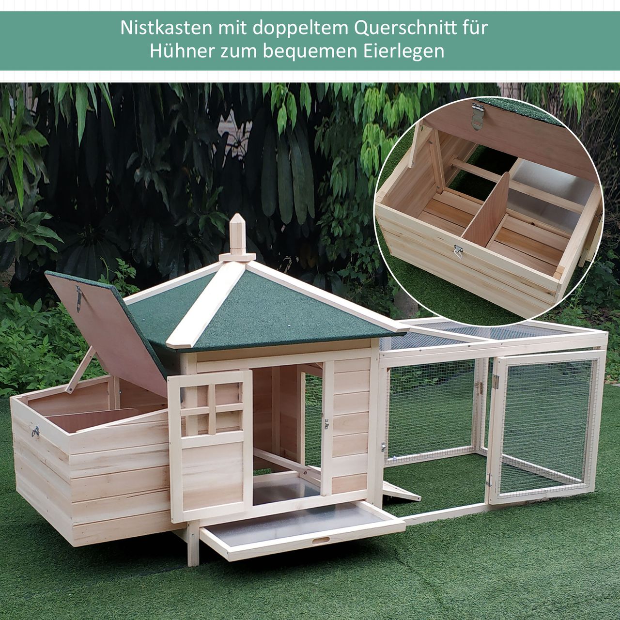 PawHut Zwerghühnerstall Stall mit Auslauf Nistkasten Kiefernholz Natur