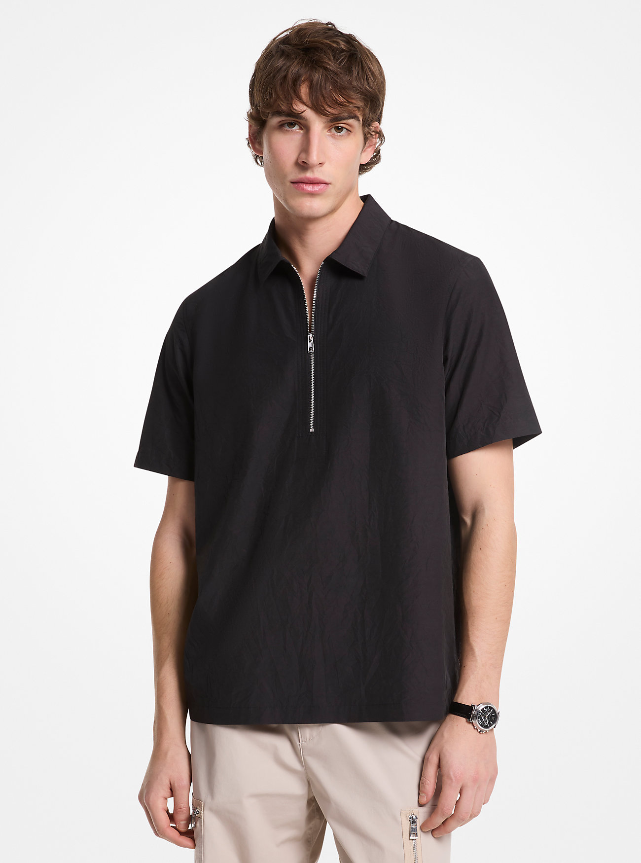 Crinkled Cotton Blend Half-Zip Shirt - BLACK