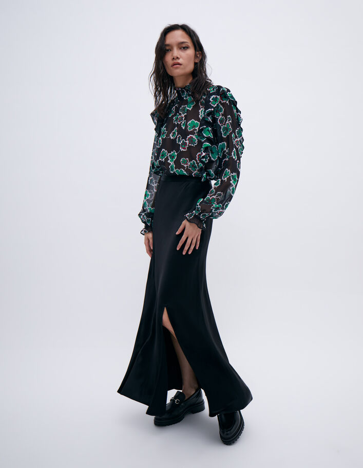Jupe longue noire fendue en viscose Femme