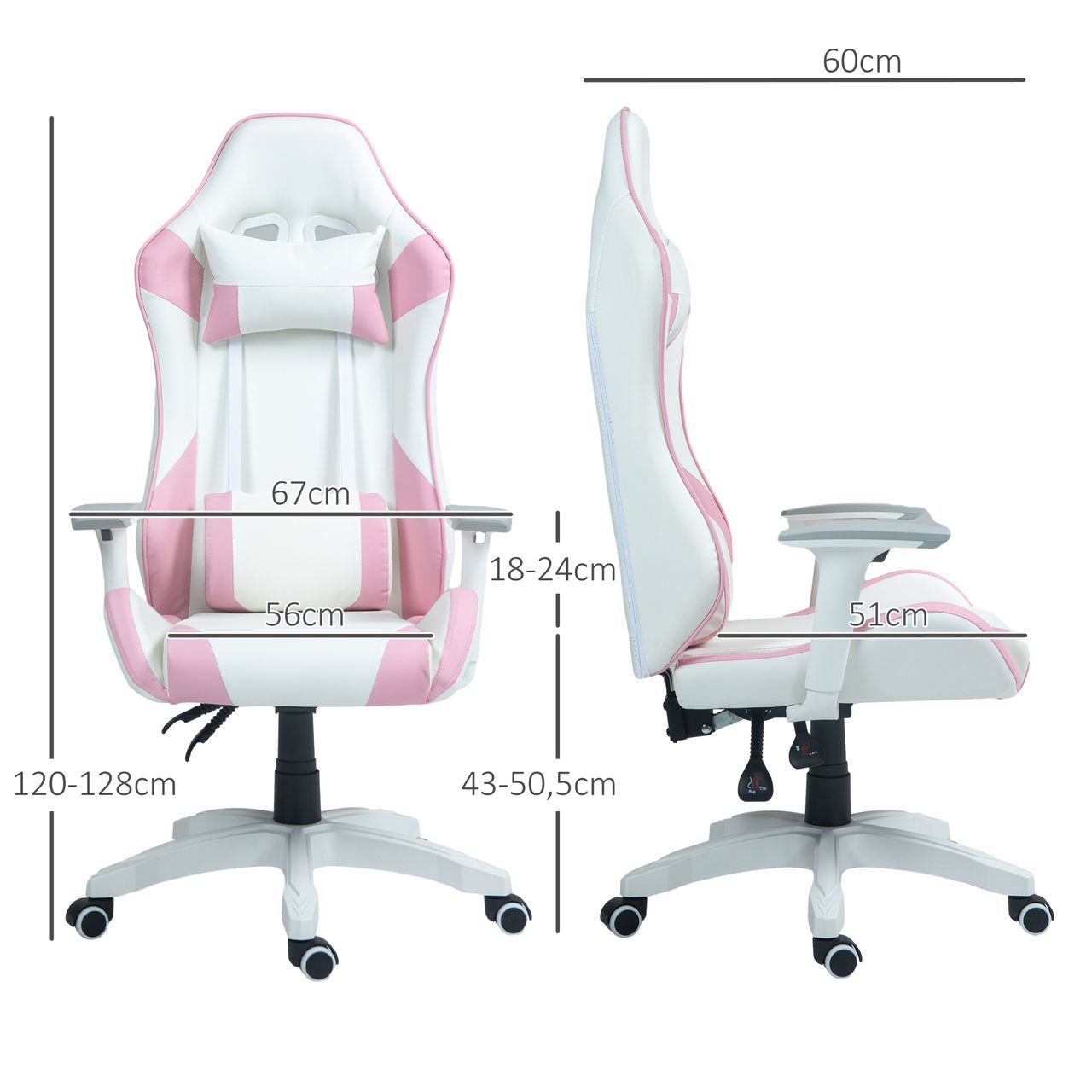 HOMCOM Gaming Stuhl Bürostuhl Ergonomisch mit Lendenkissen, Kopfkissen Rosa